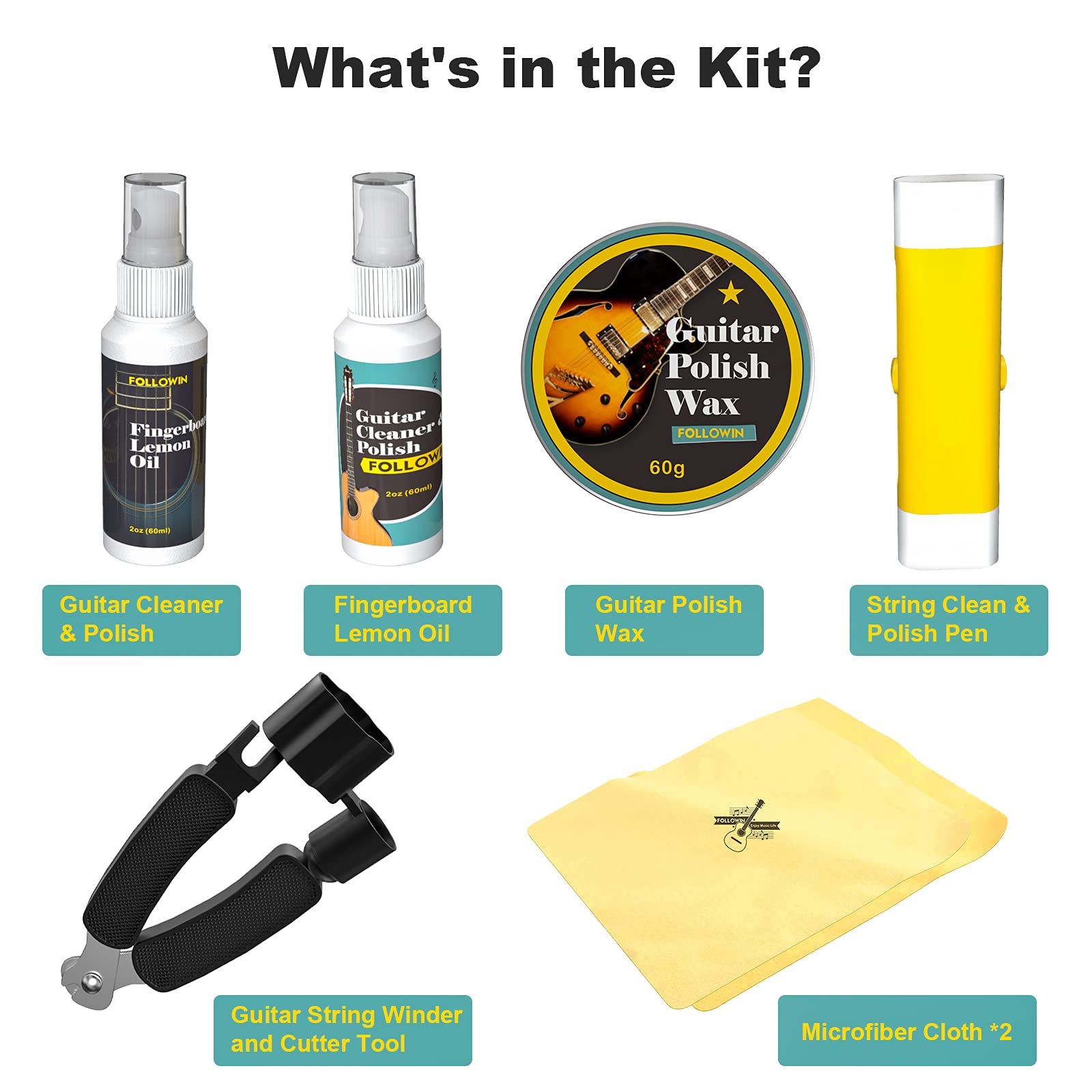 FOLLOWIN 7-Piece Guitar Cleaning & Maintenance Kit - Polish, Lemon Oil, String Cleaner, Lubricant, Wax, Winder & Microfiber Cloth - Perfect for Acoustic & Electric Guitar Care & Protection