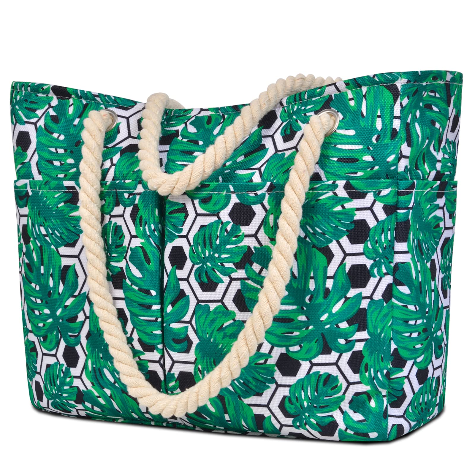 Fiodrimy Women's Large Waterproof Tote Bag with Zipper - Sandproof Beach Bag for Swimming, Pool, Travel & Shopping (Green Leaf) | Perfect for Beach Vacations, Gym & Daily Use
