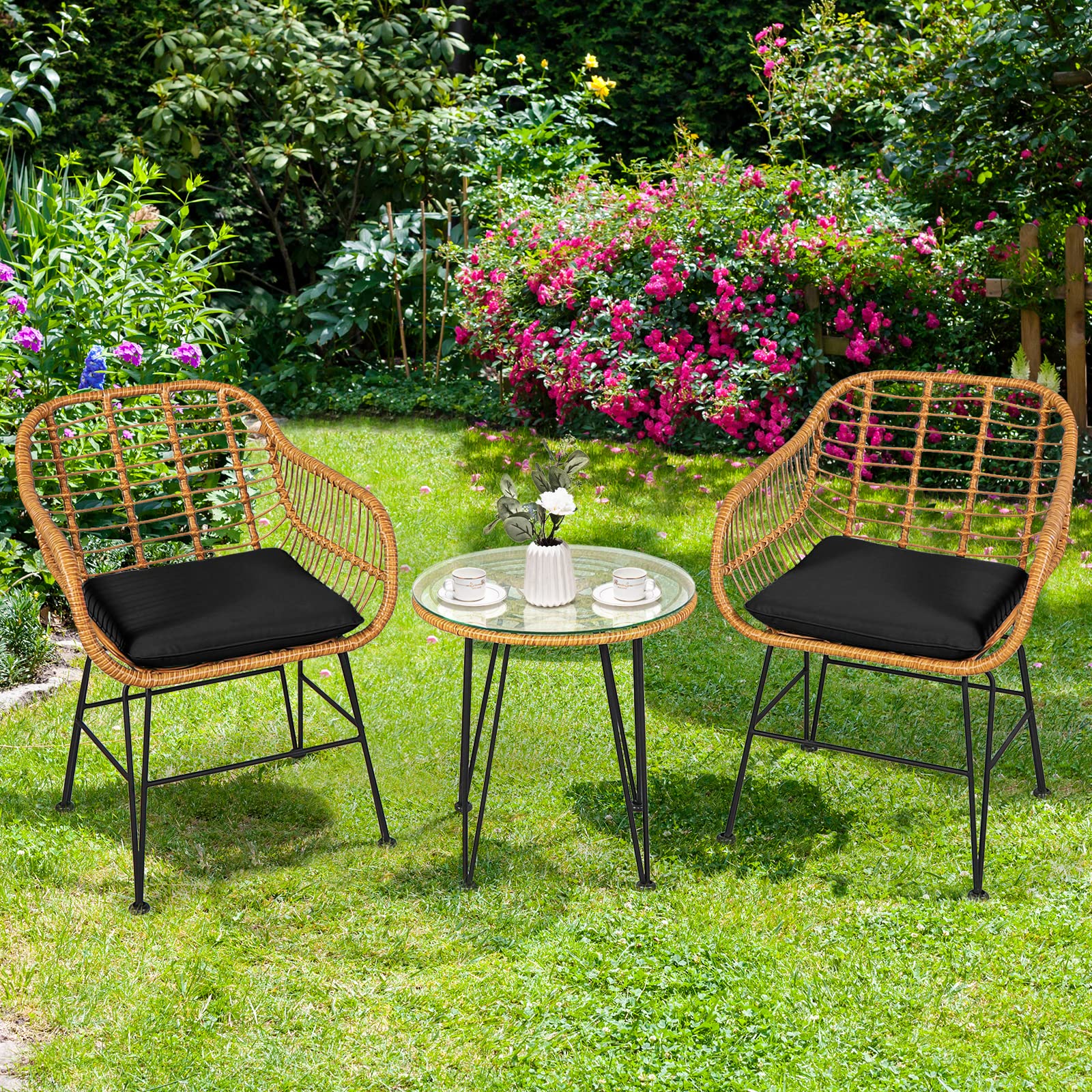 Tangkula 3-Piece Patio Bistro Set - Rattan Wicker Conversation Set with 2 Cushioned Armchairs & Round Glass Coffee Table - Indoor Outdoor Furniture for Balcony, Backyard, Garden, Poolside - Perfect for Relaxing, Entertaining & Outdoor Dining