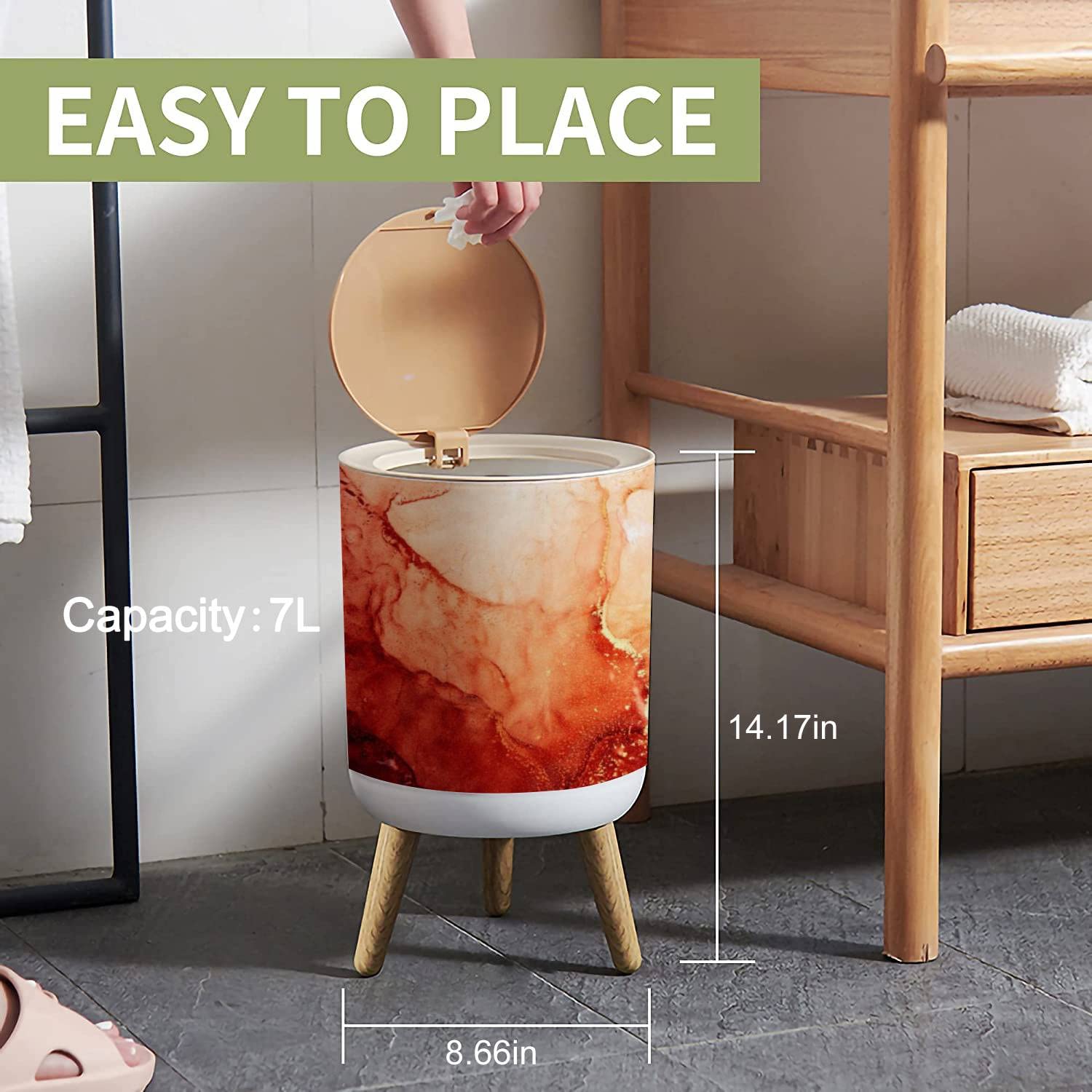 1.8 Gallon Small Trash Can with Lid - Red Ink Water Marble Texture, Volcanic Lava Design, Round Press Cover, Dog Proof Wastebasket for Kitchen, Bathroom, Living Room | Perfect for Home, Office, Dorm & Pet-Friendly Spaces