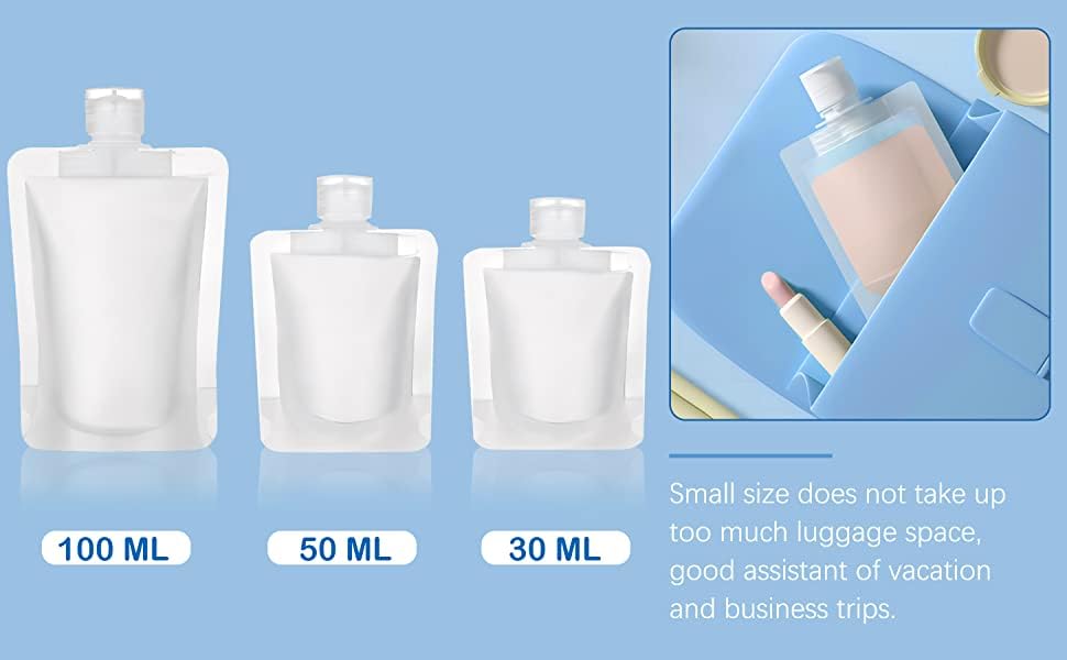 FELOFIX White Refillable Travel-Size Squeeze Pouch - Leakproof Stand Up Cosmetic Containers for Toiletries, Lotion, Shampoo & Shower Gel (30ml/50ml/100ml) - Perfect for Air Travel, Gym Bag & Camping Essentials