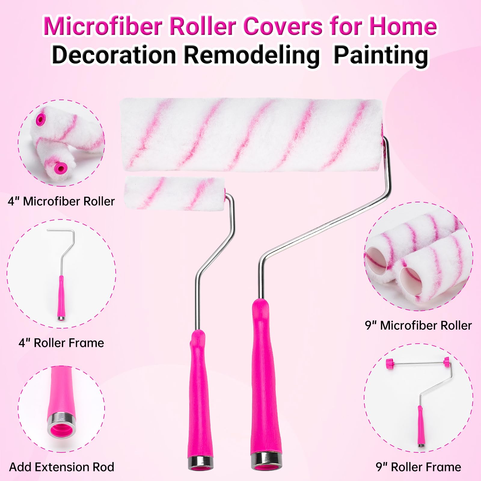 Premium Paint Roller Kit - 24PCS Pink Painting Supplies Set with 4 & 9 Inch Roller Frames, Covers, Brushes & Tray for Interior Walls - Perfect for Home DIY Projects & Professional Wall Painting