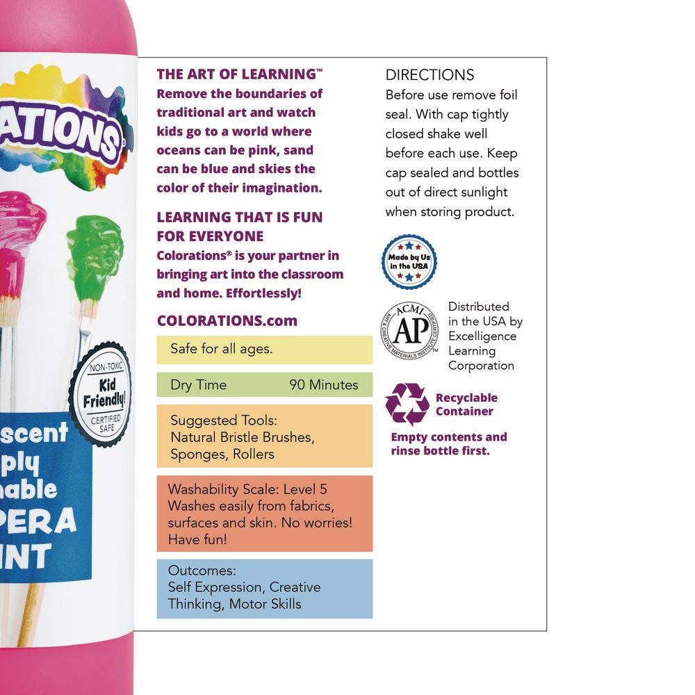 Colorations Washable Tempera Paint Set - 6 Non-Toxic Vibrant Colors (8oz Each) | Safe Kids Art Supplies for Classroom, Homeschool & DIY Crafts | Perfect for Finger Painting, Canvas Art & School Projects