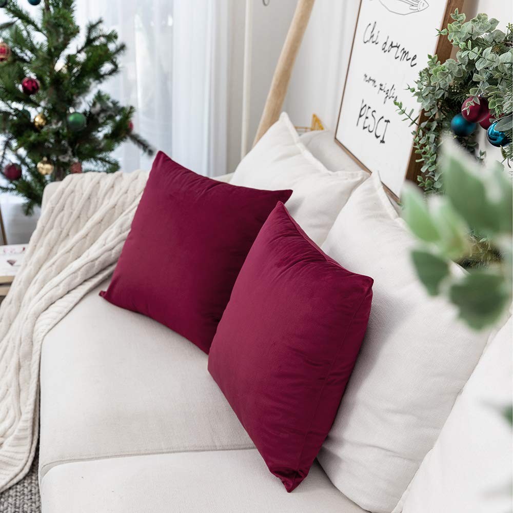 2 Pack Soft Velvet Throw Pillow Covers 16x16 Inches - Burgundy Decorative Cushion Cases for Sofa, Couch, Bed & Home Decor - Perfect for Living Room, Bedroom, Dorm and Office