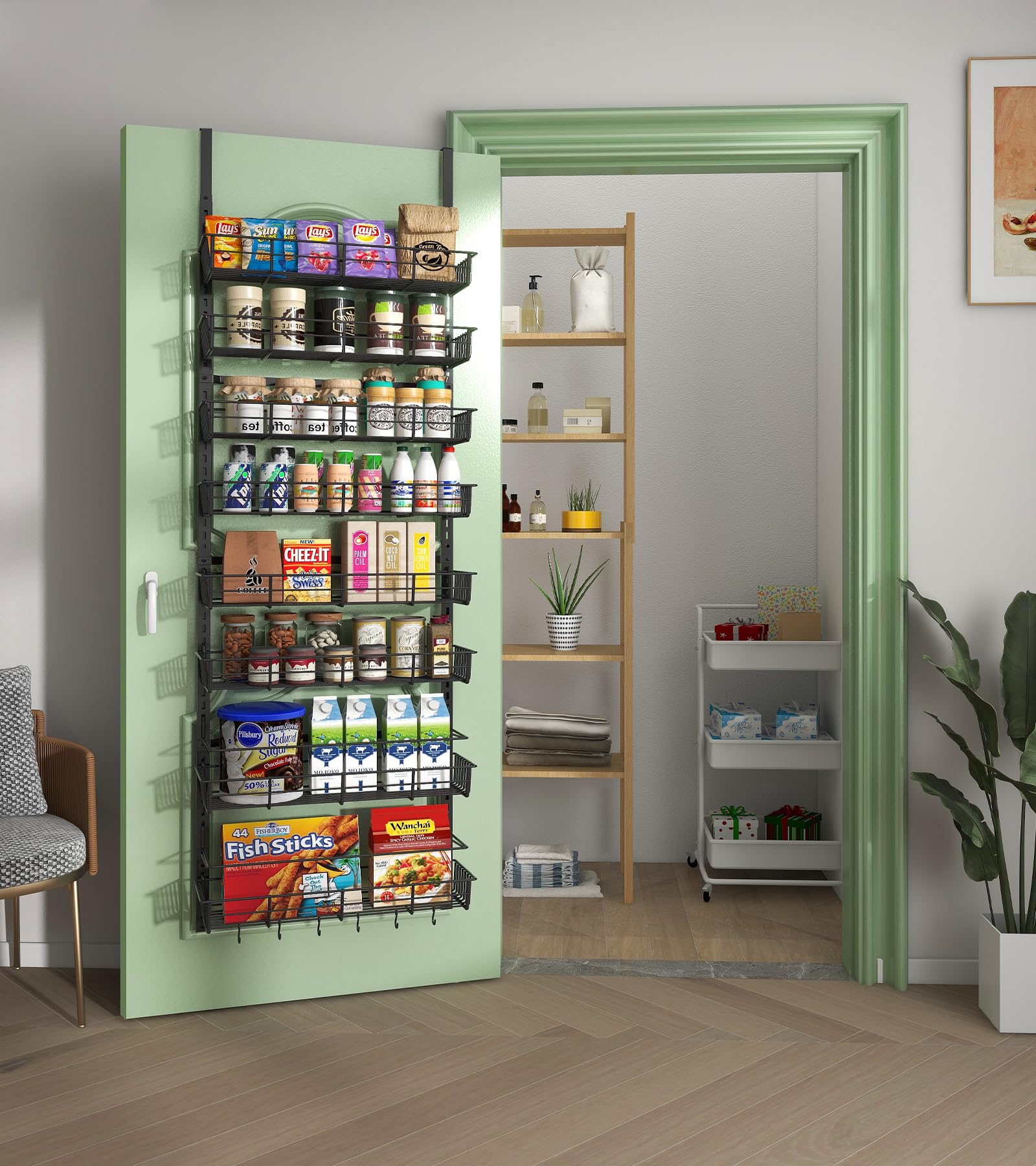 Over The Door Pantry Organizer - Heavy Duty Metal Wall Mount Spice Rack with 8 Adjustable Baskets, Hanging Storage for Kitchen & Home Organization - Black (Perfect for Small Spaces, Pantry Doors, and Seasoning Storage)