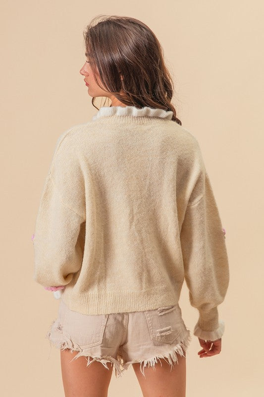 Elegant Ruffled Crochet Flower Drop Shoulder Sweater for Women | Boho Chic Lace Knit Pullover | Perfect for Spring Outfits, Date Nights & Casual Wear