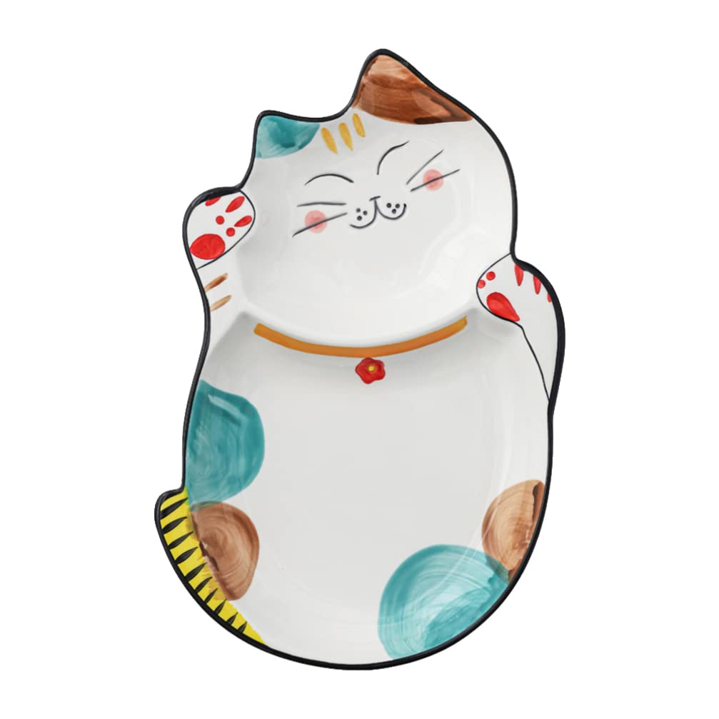 YARDWE Japanese Style Maneki Neko Lucky Cat Ceramic Serving Platter - Decorative Dinner Plate for Salad, Fruit, Snack, Dessert & Appetizer - Perfect for Party, Home Decor & Gift Giving