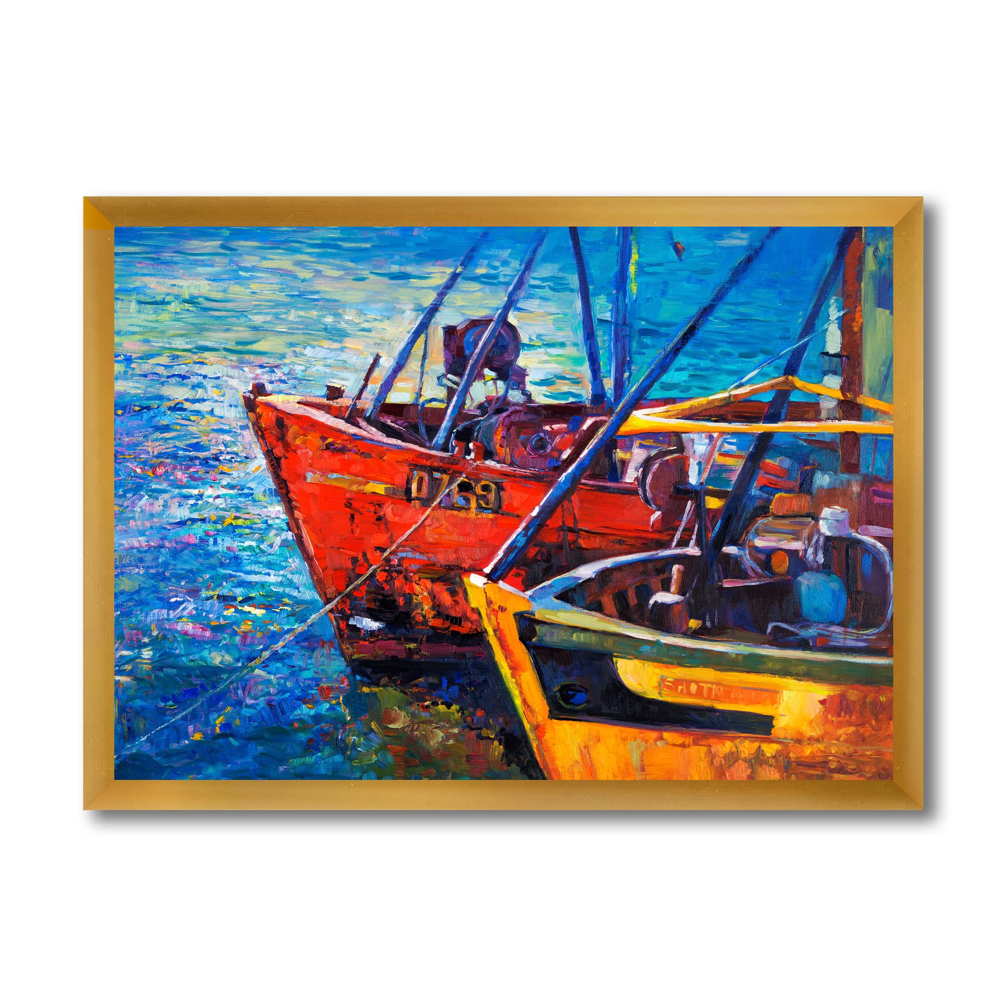 DesignQ Boats on Water at Sunset - Nautical Coastal Framed Wall Art for Living Room, Bedroom & Office Decor