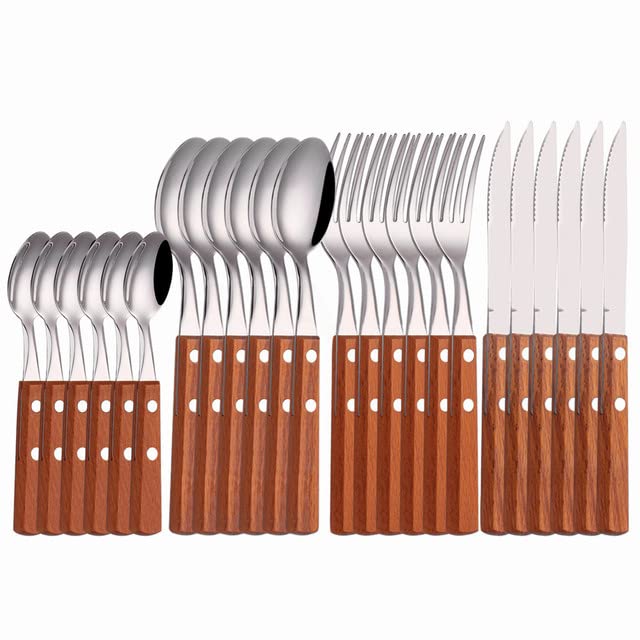 Premium Stainless Steel Silverware Set with Wooden Handle - 24-Piece Cutlery Set Includes Forks, Knives, Spoons - Elegant Dinnerware for Home, Restaurant & Special Occasions - Perfect for Daily Use, Dinner Parties & Wedding Gifts (Color: YF2 Yellow 4pcs 6 Sets)