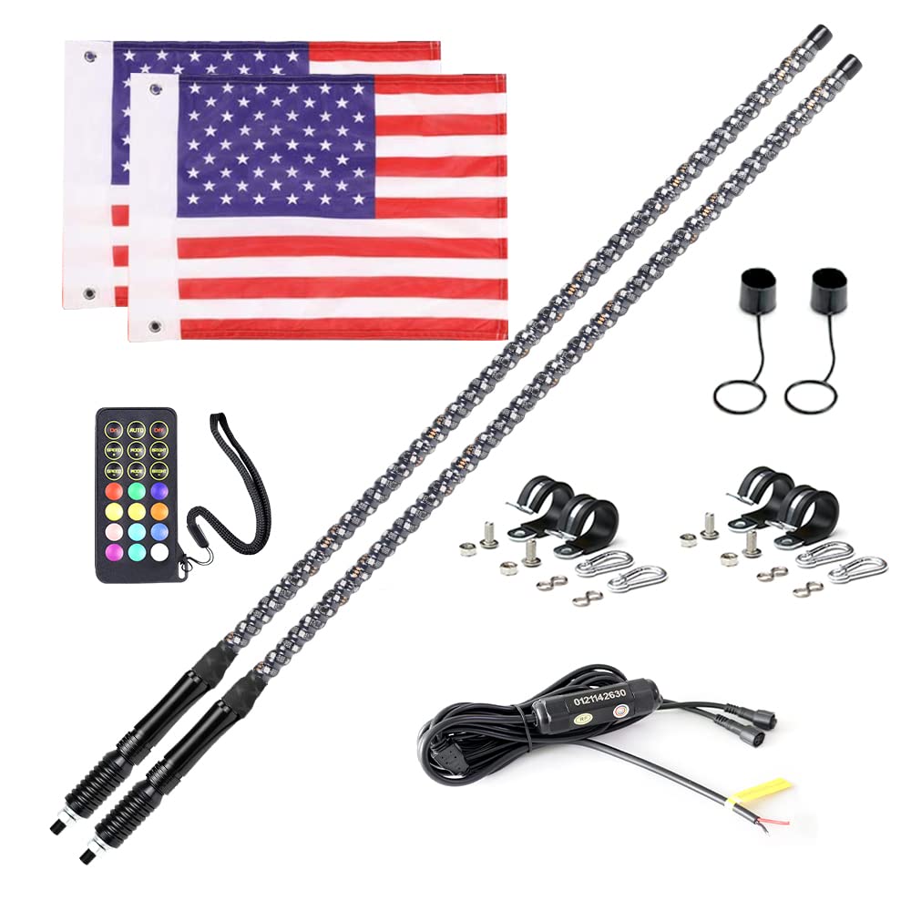 2PCS 5FT RF Remote Control RGB LED Whips Light with Spring Bases - Color Changing Dancing/Chasing Lights for Cars, Motorcycles, Parties & Night Clubs (5FT-Two, Remote Included)
