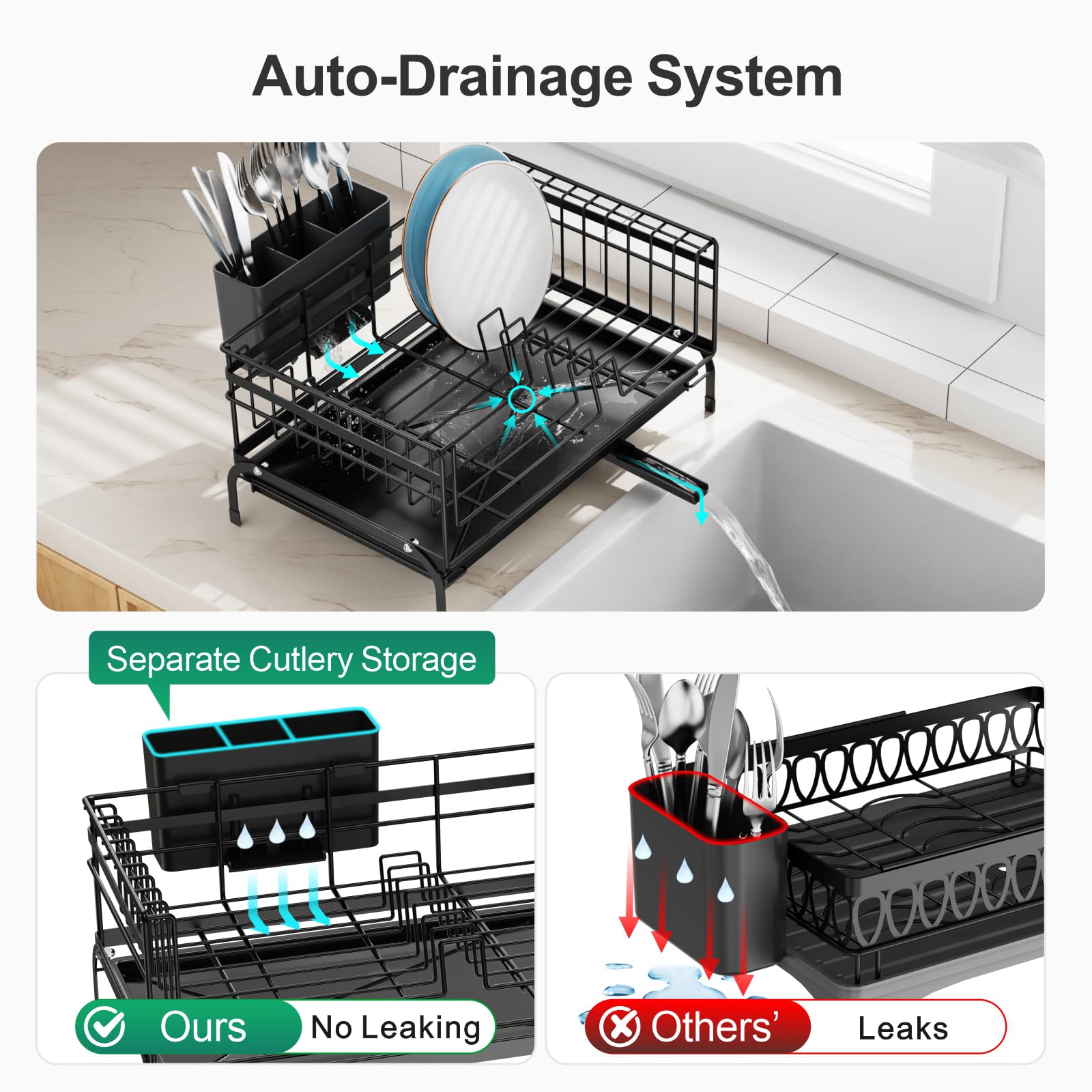 GSlife Expandable Dish Drying Rack with Drainboard - 2-in-1 Rustproof Kitchen Sink Organizer for Countertop & RV | Space-Saving Dish Drainer with Pan Slot & Utensil Holder | Perfect for Small Apartments, Camping & Dorm Rooms