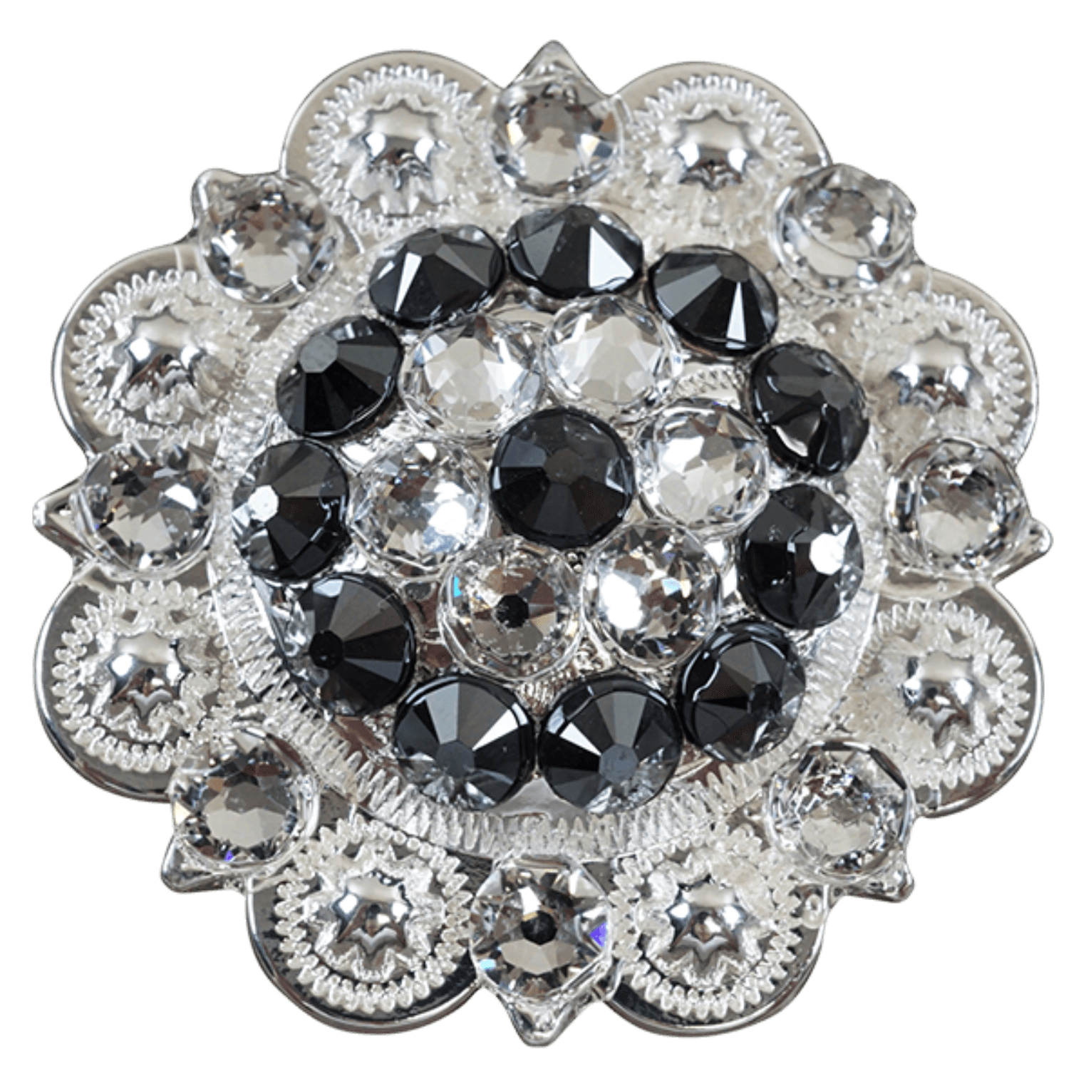 Bright Silver Jet & Clear Crystal Conchos - Sizes 1 to 3 with Buckles | Western Belt Accessories for Cowboy Boots & Leather Crafts