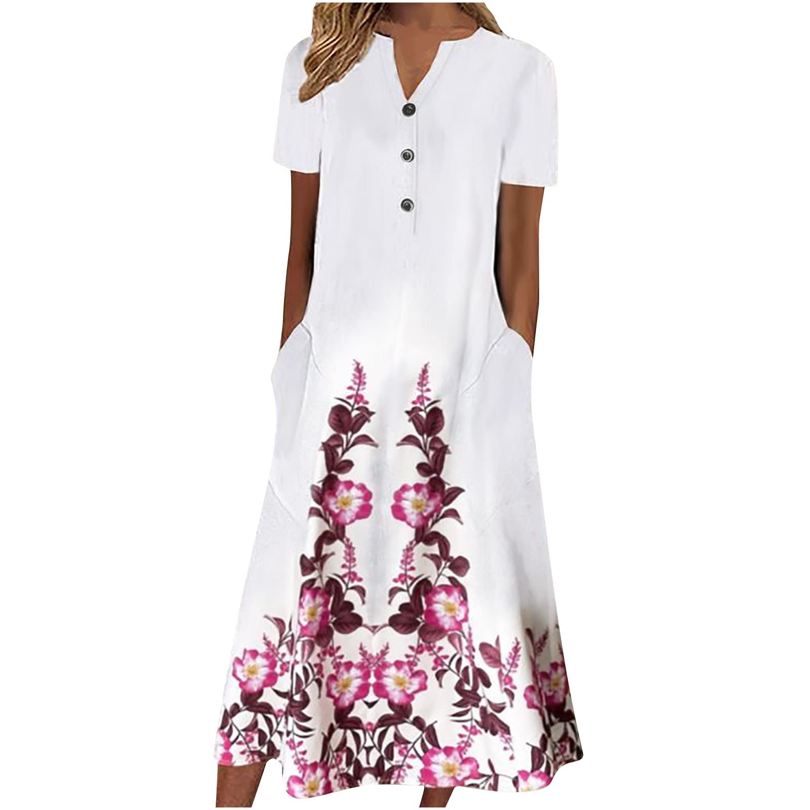 Women's Summer Floral Maxi Dress with V-Neck & Button Front - Short Sleeve Pocket Sundress for Beach, Party & Casual Wear | Midi-Length Dress for Outdoor Events & Vacation