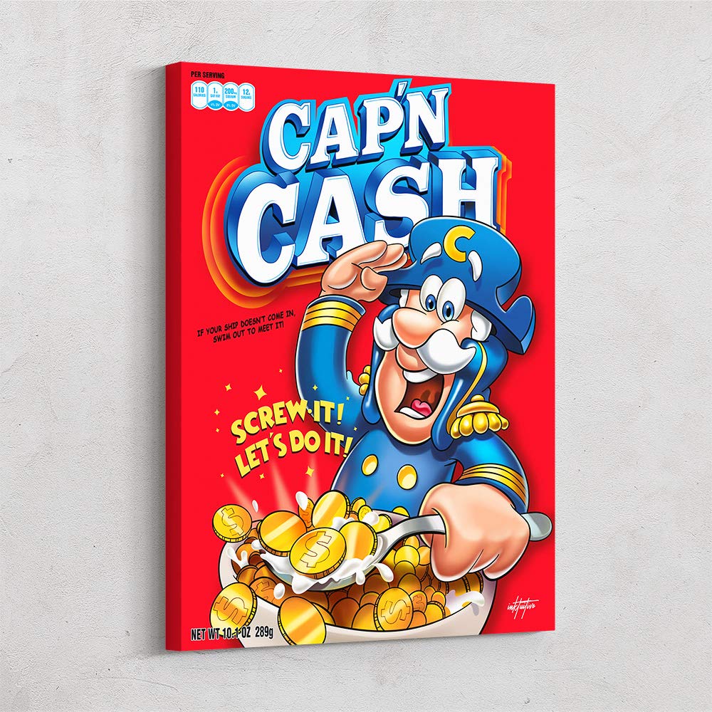 Inktuitive 'Capn Cash’ Motivational Wall Art - Cereal Inspired Canvas Print for Home & Office Decor - 16 x 12 Inches - Perfect for Bedroom, Kitchen, Living Room & Business Office Inspiration