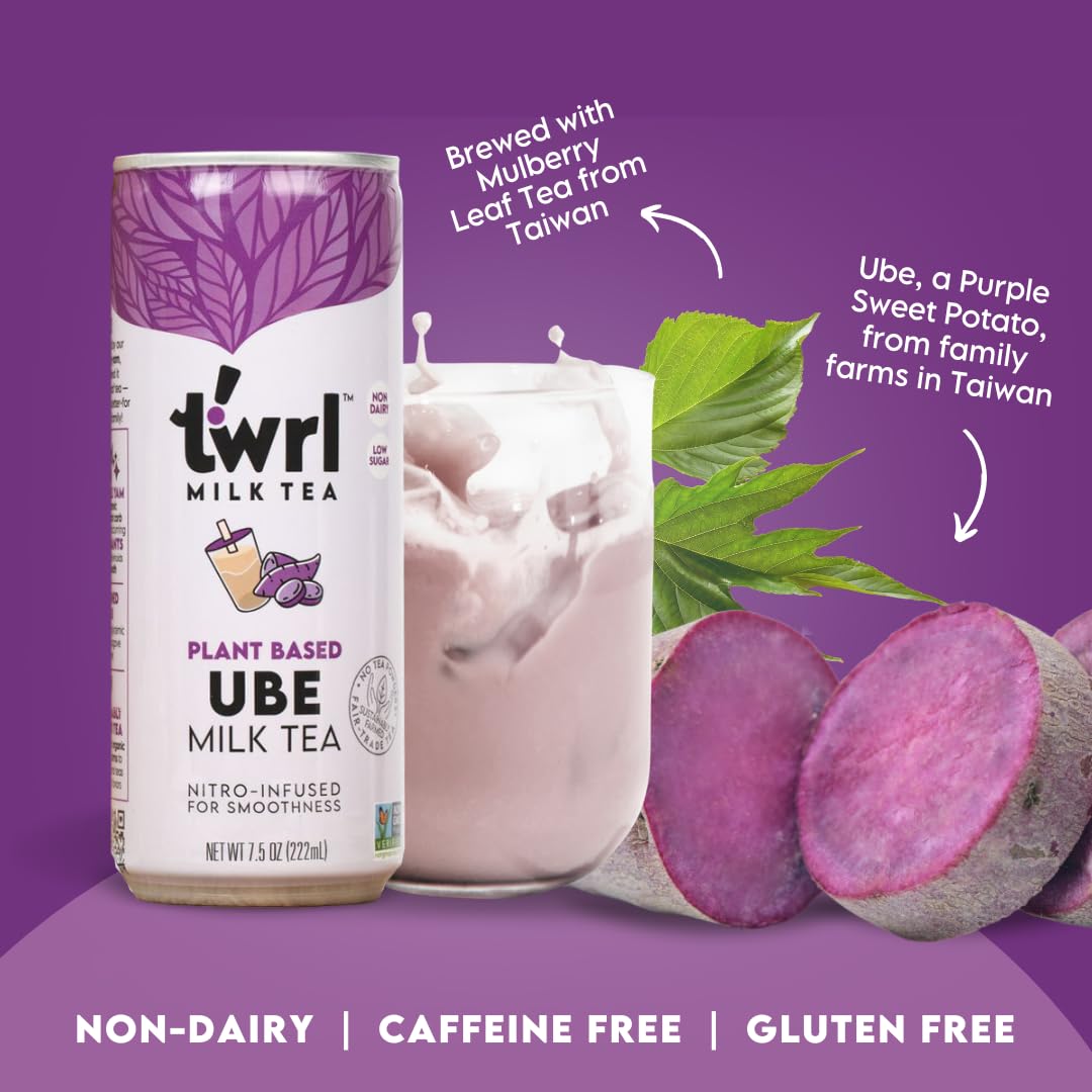 Twrl Ube Milk Tea - Organic Plant-Based Milk, Caffeine-Free, Low Sugar, Antioxidant-Rich Nitro-Infused Smooth Tea - 7.5oz (12 Pack) - Perfect for Vegan Snacking, Afternoon Relaxation & Healthy Beverage Alternatives