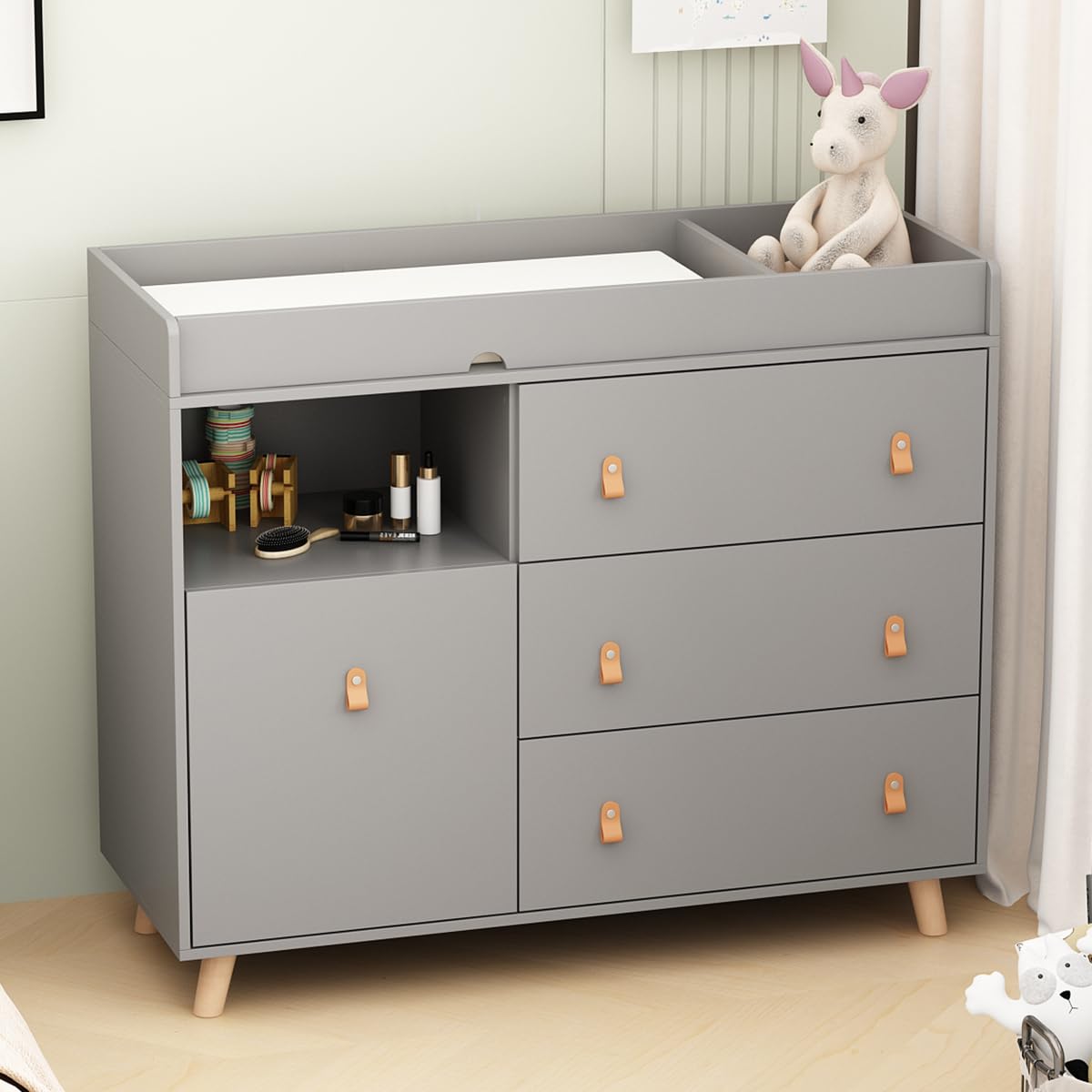 Baby Changing Table with Drawers & Shelves - Nursery Dresser with Hidden Trash Storage, Diaper Changing Station for Infants - Perfect for Daycare, Bedroom & Nursery Organization (Grey)