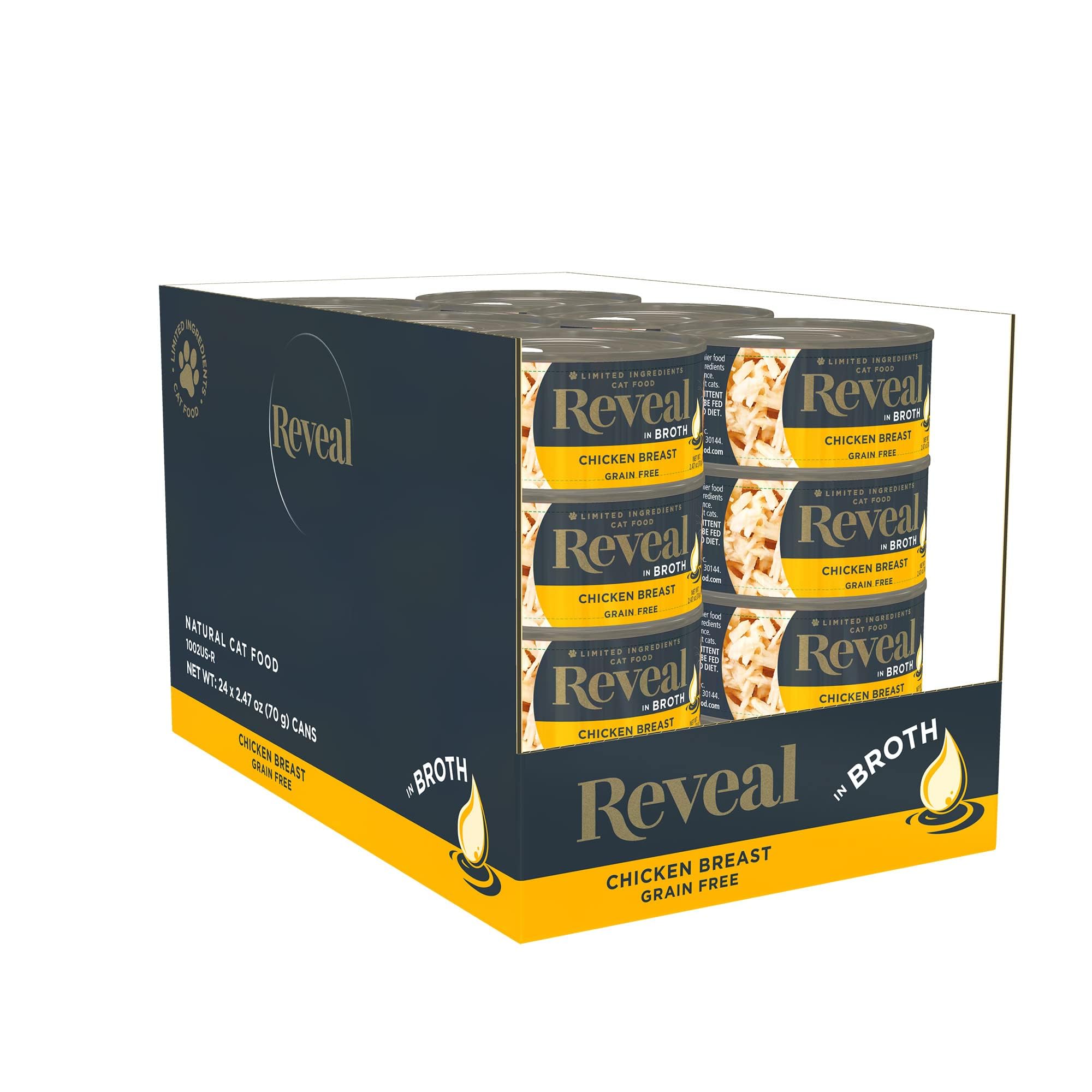 Reveal Grain Free Wet Cat Food - 24 Pack of 2.47oz Cans, Limited Ingredient Chicken Breast in Broth Recipe - Natural Canned Cat Food for Sensitive Stomachs - Perfect for Indoor Cats & Kittens with Digestive Issues