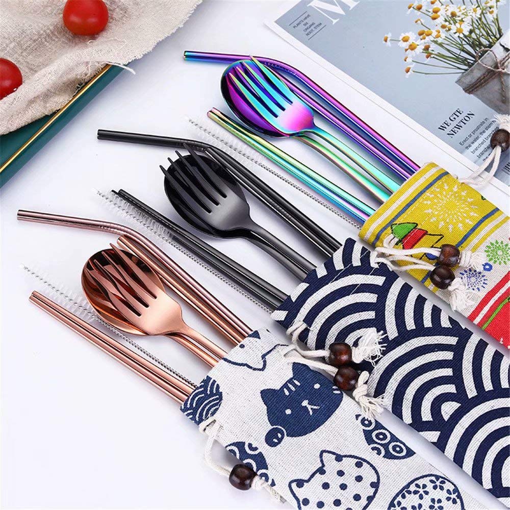 5-Piece Portable Stainless Steel Travel Cutlery Set - Reusable 304 Stainless Steel Fork, Spoon, Chopsticks & Straws with Case - Perfect for Camping, Picnics, Office Lunch & On-the-Go Meals