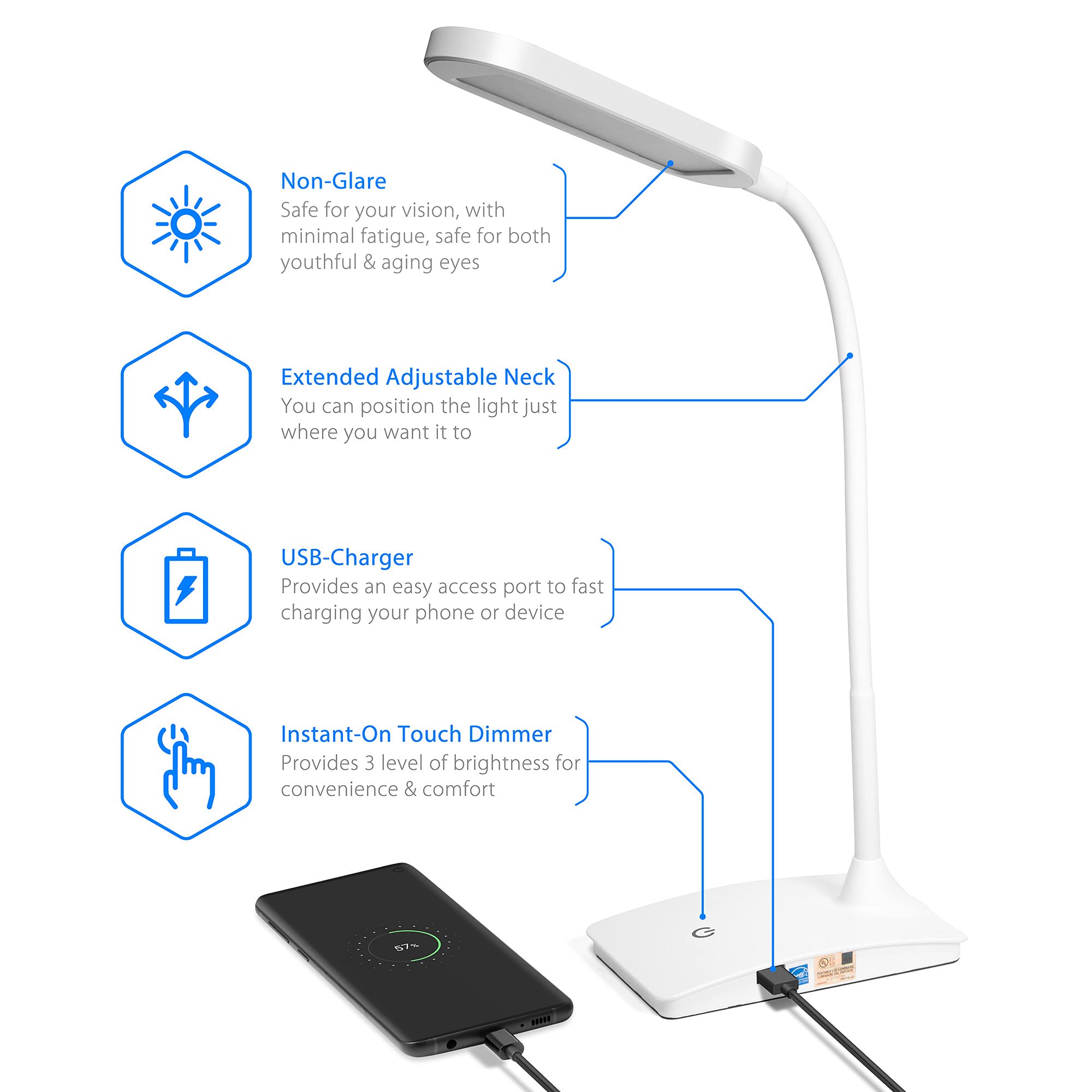 Super Bright LED Desk Lamp with USB Charging Port - Adjustable Study Light for Home Office, Bedside Reading, Dorm Room & Workspace | Energy Efficient White Task Lighting
