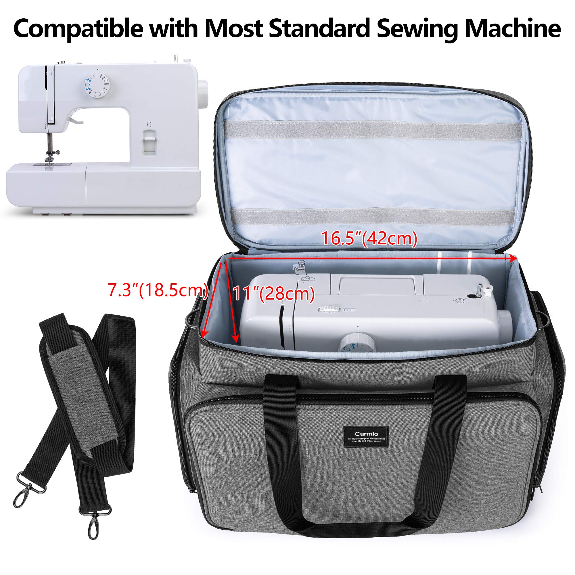 CURMIO Universal Sewing Machine Carrying Case - Travel Tote Bag with 2 Removable Transparent Zipper Pouches for Sewing Supplies, Fits Most Standard Sewing Machines (Gray, Patented Design) - Perfect for Home Use, Travel & Sewing Classes