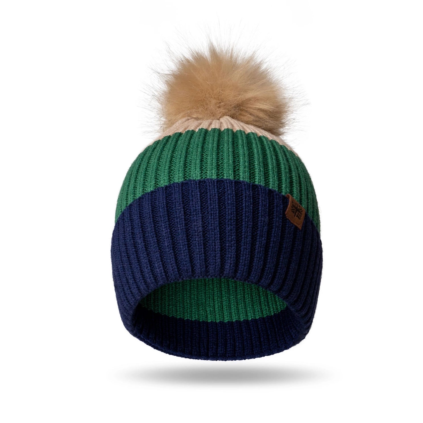 Color Block Pom Beanie for Kids - Navy Blue Winter Hat for Boys & Girls - Soft Knit Warm Hat for Outdoor Play, Snow Days & Cold Weather