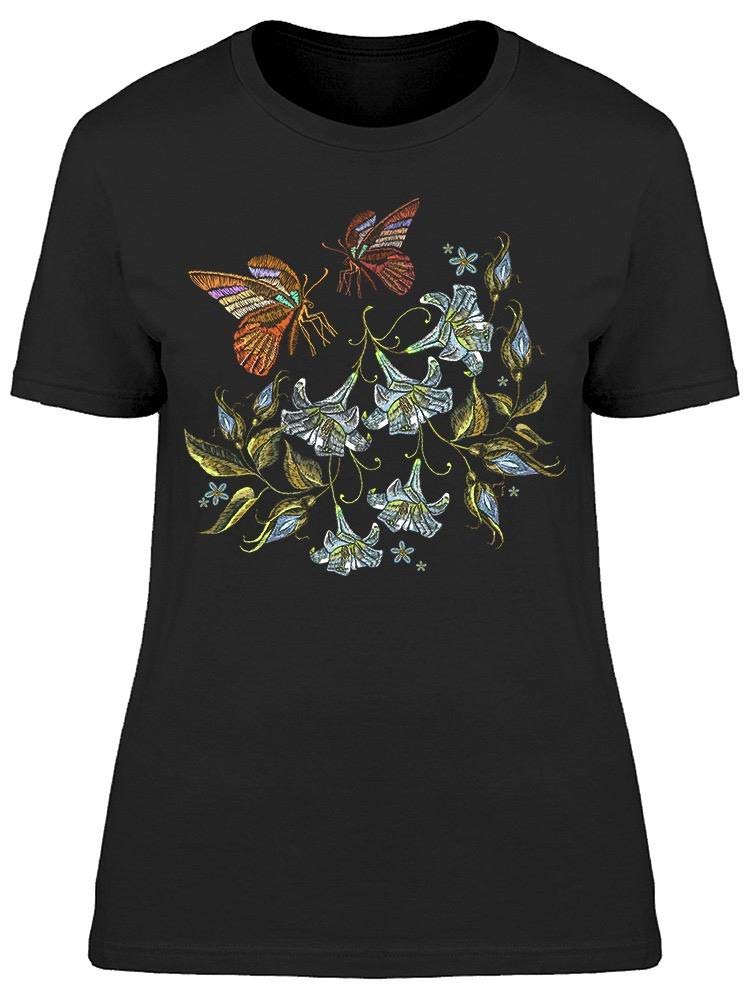 Women's Embroidered Lily & Butterfly T-Shirt - Floral Fashion Tee for Casual Wear, Summer Outfits & Boho Style