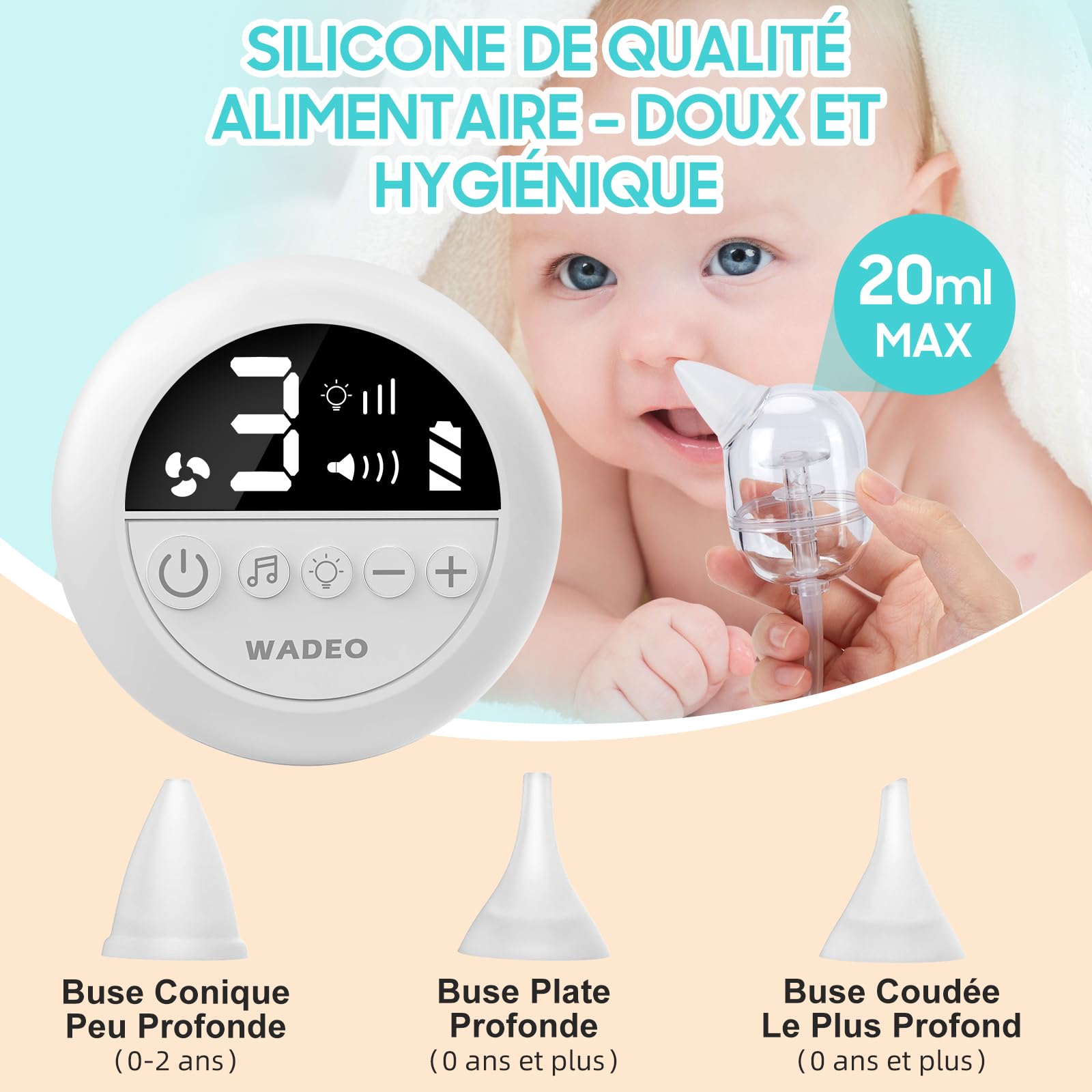 WADEO Electric Baby Nasal Aspirator - Rechargeable Nose Suction for Infants with 9 Adjustable Levels, Night Light & Soothing Rhymes | Safe Newborn Nasal Care for Congestion Relief & Better Sleep