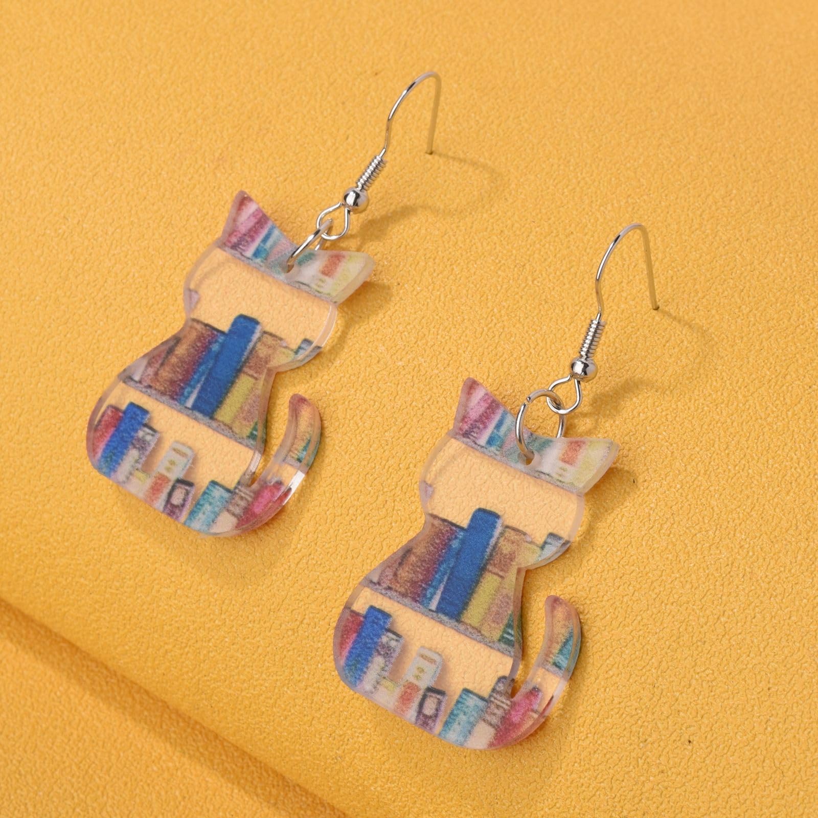 Handmade Wooden Book Earrings for Women - Cat & Apple Pendant Design, Unique Back to School Gifts for Teachers & Students | Perfect for Reading Enthusiasts, Book Club Meetings & Literary-Themed Outfits