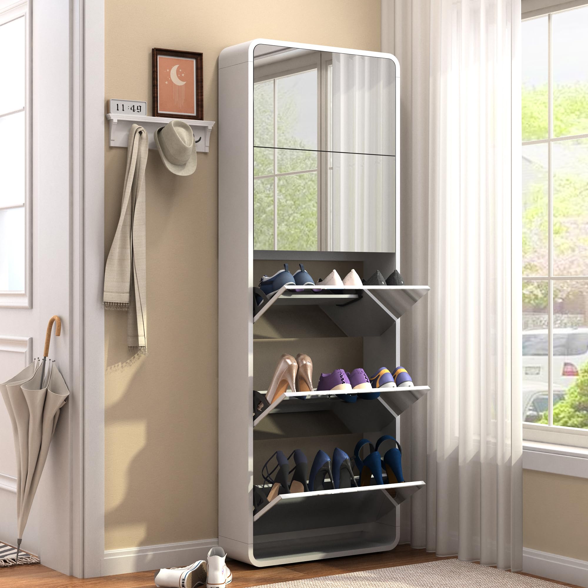 ODUWA Modern Arc Design Shoe Cabinet with Full-Length Mirror - White Wooden Shoe Organizer with 5 Flip Drawers for Entryway, Hallway & Corridor - Perfect for Small Spaces, Apartment Living & Home Organization