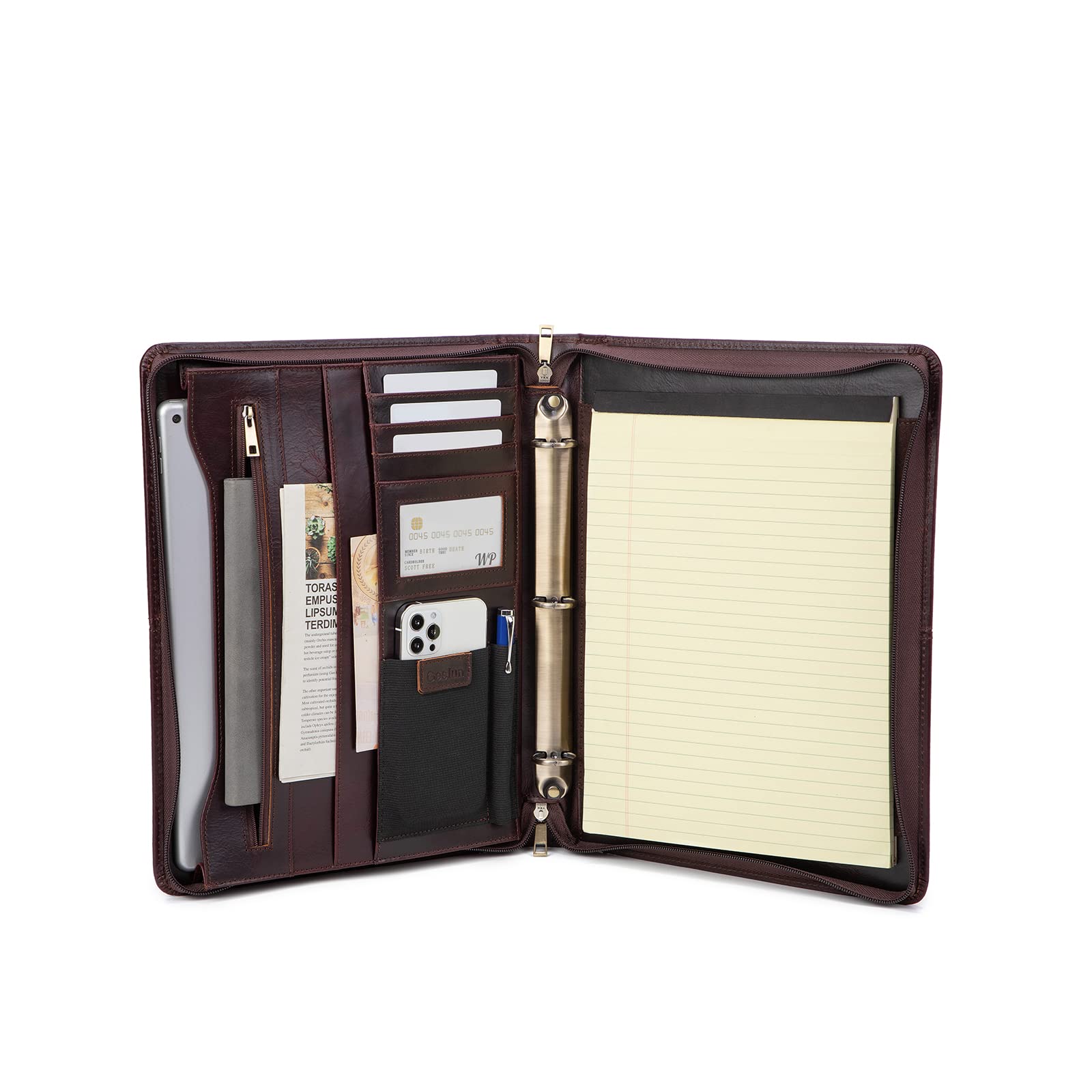 Premium Full Grain Leather Portfolio with 3-Ring Binder | Zippered A4 Notebook Holder & Laptop Sleeve | Professional Organizer for Business Meetings, Office Work & Travel | Oil-Tanned Dark Brown Leather Gift for Men & Women