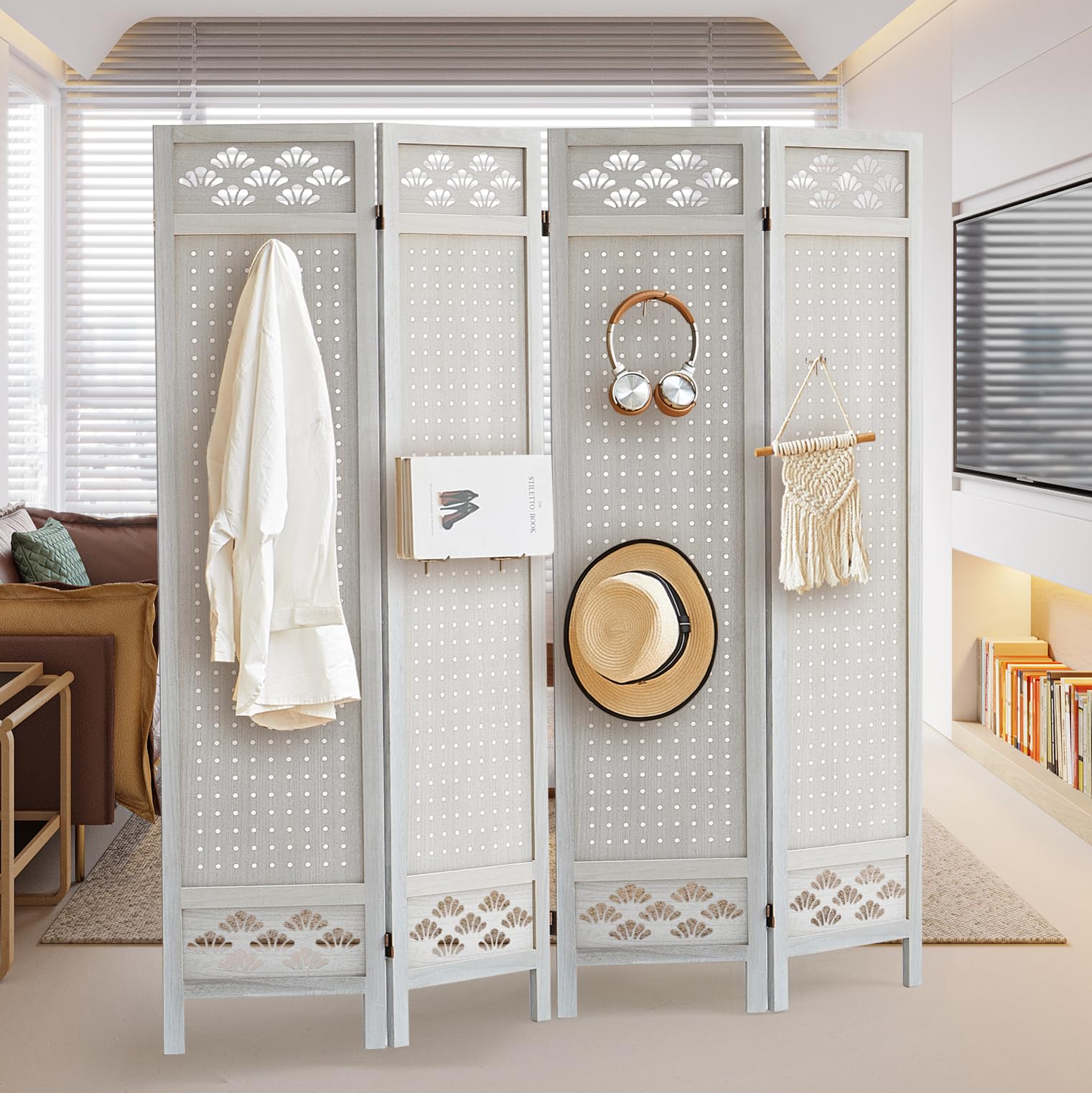 4 Panel Wooden Room Divider with Pegboard & 16 Hooks - Portable Folding Privacy Screen for Craft Shows, Jewelry Displays, Home Organization & Retail Stores - Perfect for Trade Shows, Bedroom Partitions & Store Displays (White)
