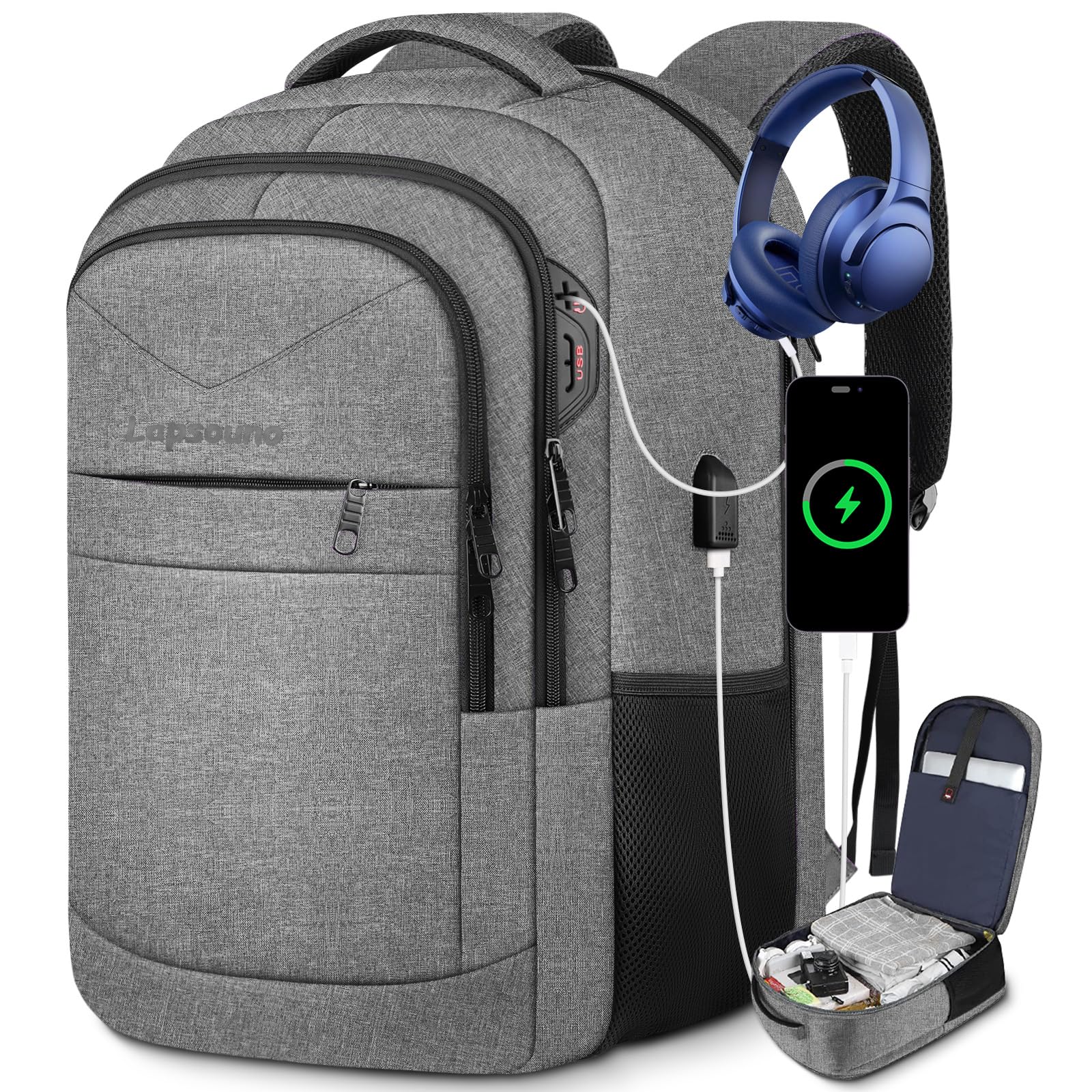 Lapsouno Extra Large 17 Inch Laptop Backpack - Anti-Theft USB Charging Travel Backpack for College & Work - Water Resistant Computer Bag for Men & Women (Grey) - Perfect for Business Trips, Commuting & School