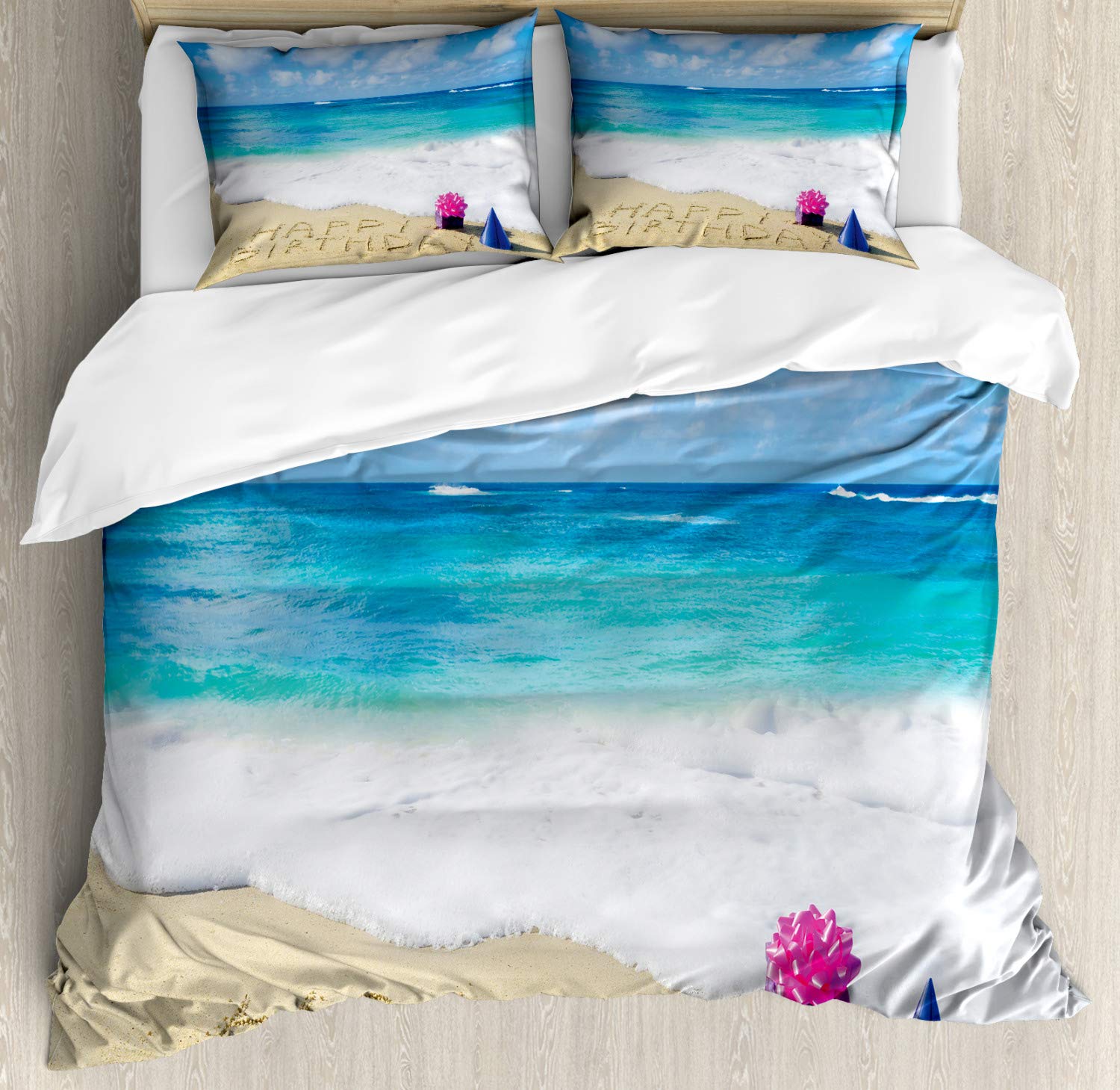 Ambesonne Birthday Duvet Cover Set - Happy Birthday Celebration Beach Theme with Party Hats & Gifts, 3-Piece Decorative Bedding Set with 2 Pillow Shams, California King Size, Blue Pale Brown Pink - Perfect for Birthday Parties, Beach Themed Bedrooms & Gift Giving