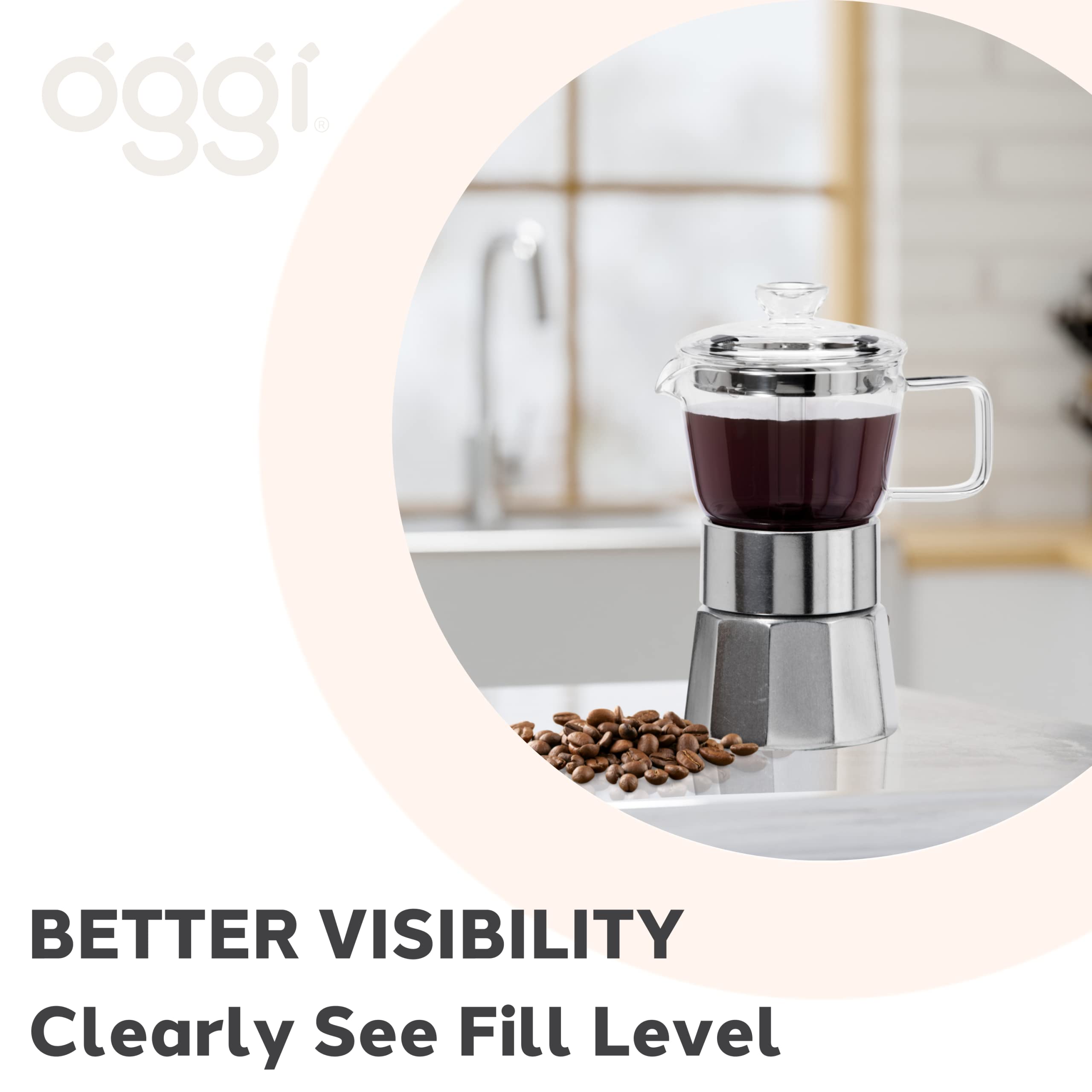 Oggi Stovetop Espresso Maker - 4 Cup (4oz) Borosilicate Glass Moka Pot, Italian Coffee Maker for Home & Office | Perfect for Espresso, Latte & Cappuccino | Stovetop & Camping Coffee Brewing