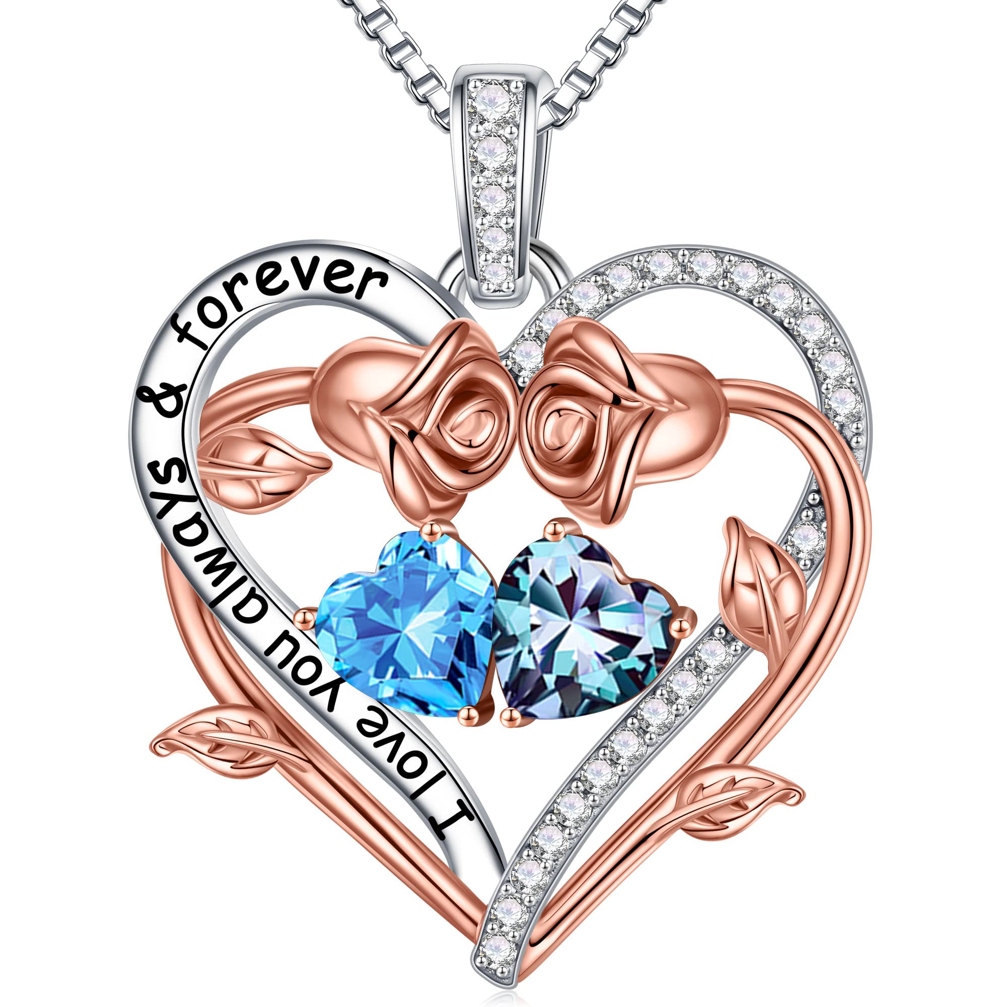 Iefil Rose Heart Birthstone Necklace - Natural or Created Gemstone Jewelry for Women, Mom, Grandma, Wife, Girlfriend - Perfect for Mother's Day, Birthday, Christmas Gifts, Anniversary, or Special Occasions