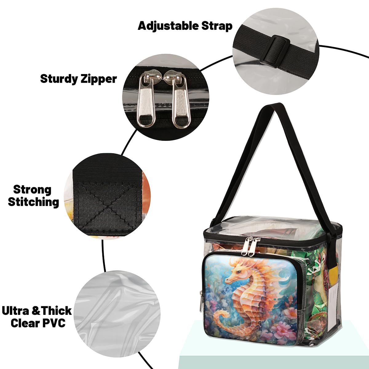 GzLeyigou Clear Transparent Tote Bag with Handles - Waterproof Seahorse Design Crossbody Shoulder Bag for Lunch, Beach, Travel, Picnic, Concerts & Sports Events | Stadium Approved Multipurpose Carryall | Perfect for Outdoor Activities, Shopping and Theme Parks
