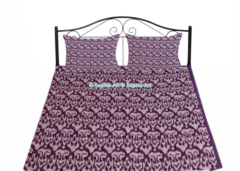 Handmade Kantha Quilt - Reversible Cotton Bedspread with Indian Ikat Print - Vintage Purple King Size (90