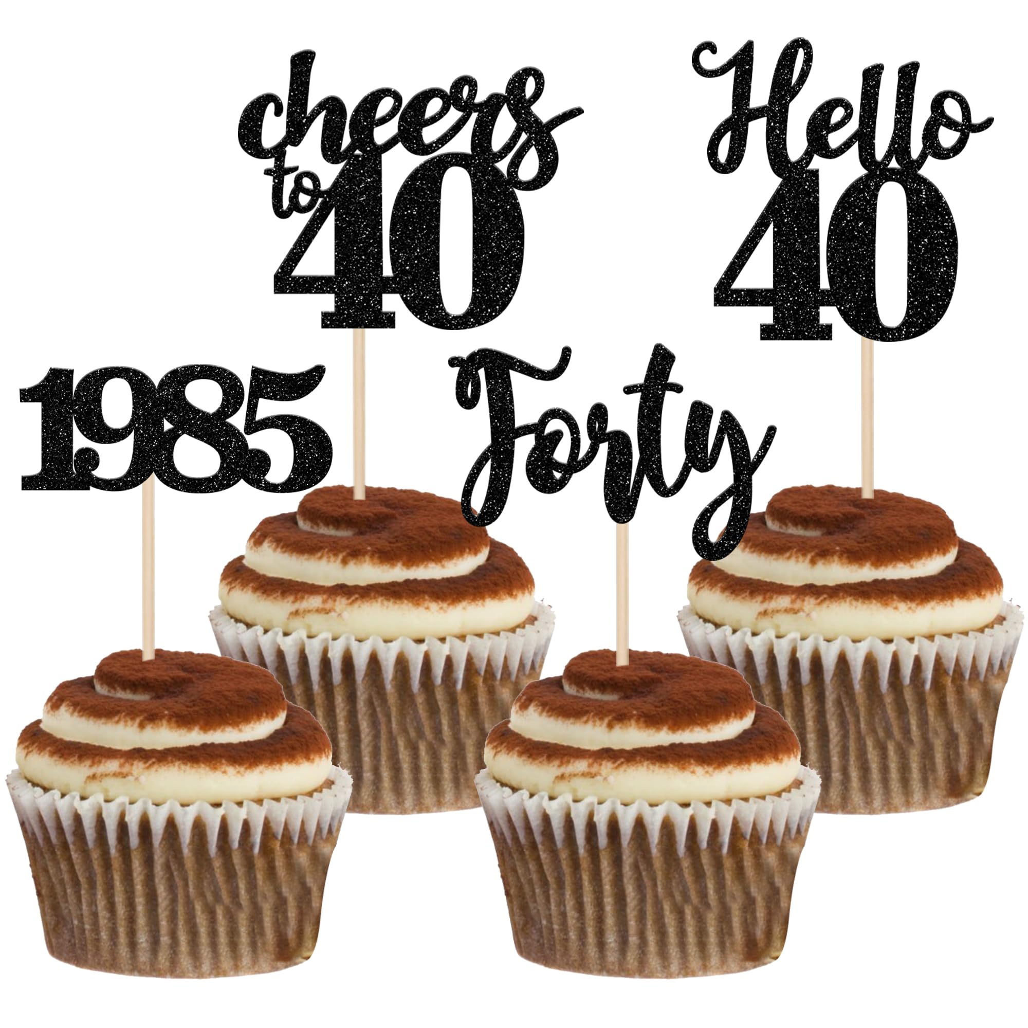 24 PCS Black Glitter 40th Birthday Cupcake Toppers - Cheers to 40 Since 1985 - Hello Forty Cake Decorations for Happy 40th Anniversary Party Supplies | Perfect for Birthday Celebrations, Milestone Events & Cake Decorating