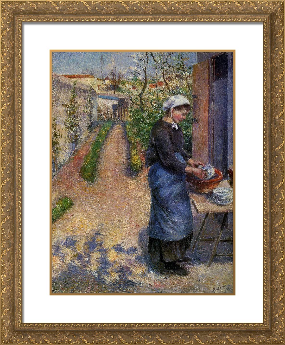 Camille Pissarro 'Young Woman Washing Plates' 20x24 Inch Gold Ornate Framed Art Print with Double Matting - Perfect for Living Room, Bedroom, or Office Wall Decor