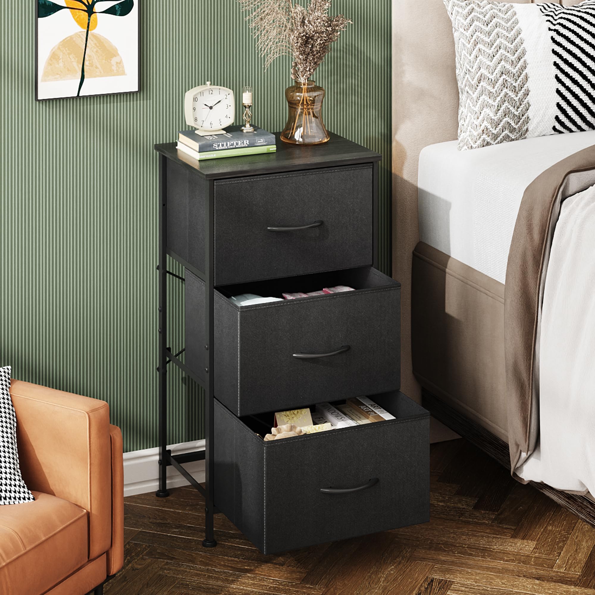WLIVE 3-Drawer Fabric Dresser with Wood Top & Steel Frame - Sturdy Storage Organizer for Bedroom, Hallway, Entryway & Closets - Easy Pull Handle in Charcoal Black | Perfect for Small Space Organization & Bedroom Storage Solutions