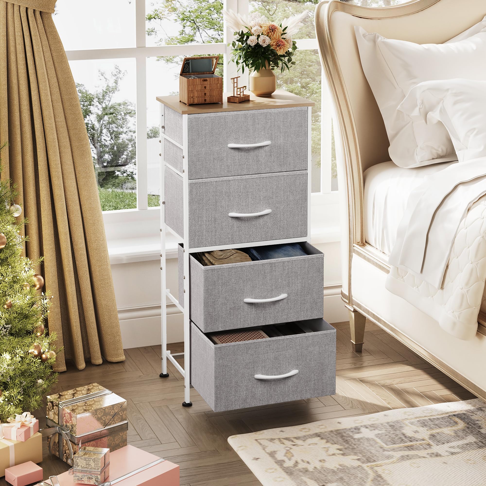 WLIVE 4-Drawer Fabric Dresser with Wood Top & Steel Frame - Light Grey Bedroom Storage Organizer for Clothes, Hallway, Entryway, or Closet - Perfect for Small Spaces & Home Organization