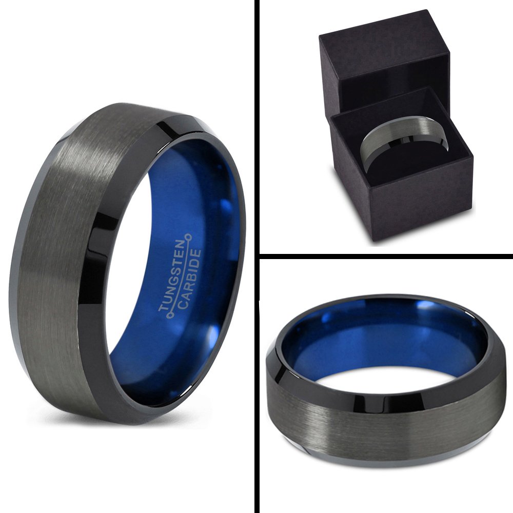 Tungsten Carbide Wedding Band Ring 6mm for Men & Women - Blue Black Gunmetal Interior, Beveled Edge, Brushed & Polished Finish - Custom Engraved Anniversary & Engagement Ring - Perfect for Weddings, Proposals & Special Occasions