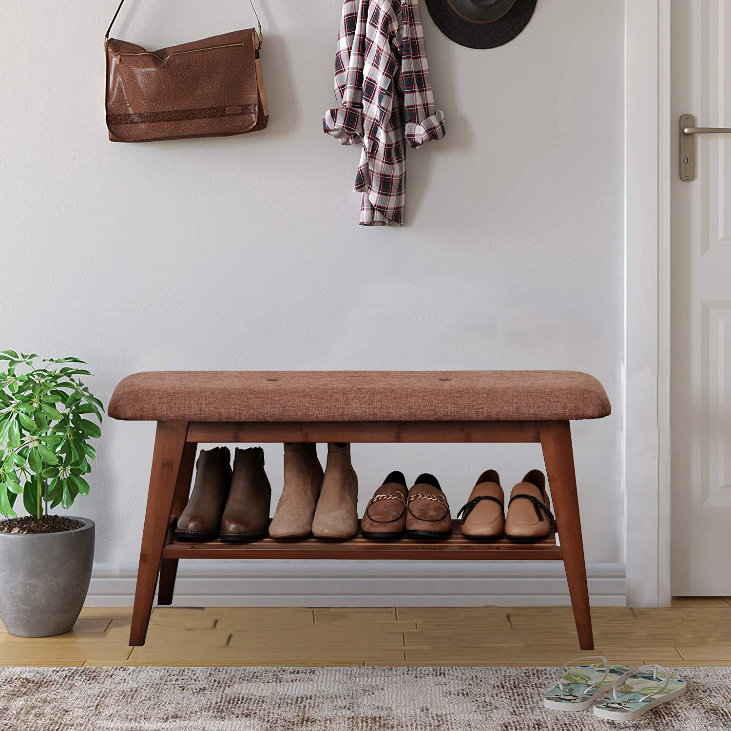 **Bamboo Shoe Rack Bench with 2-Tier Storage - Sturdy Entryway Organizer for Hallway, Living Room & Mudroom - Simple Style, High Load-Bearing (Brown, 35.4 Inches) - Perfect for Small Spaces & Shoe Storage**