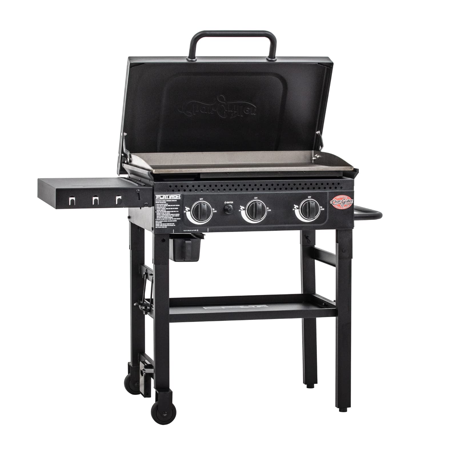 Char-Griller Flat Iron 3 Burner Outdoor Gas Griddle with Lid & Blackstone 5060 Grill & Griddle Kit - 8-Piece Premium Flat Top Grill Accessories Set with Cleaner Tools (Black) - Perfect for Backyard BBQs, Tailgating, and Outdoor Cooking