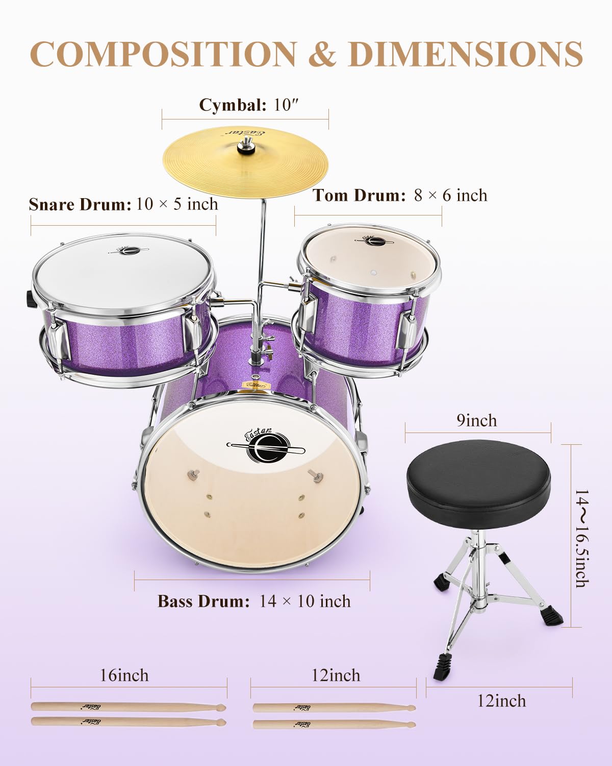 Eastar 14 Inch 3-Piece Junior Drum Set for Beginners - Complete Kit with Bass Drum, Tom, Snare, Adjustable Throne, Cymbal, Pedal & Drumsticks (Metallic Purple) - Perfect for Kids, Teens & First-Time Drummers - Home Practice, Music Lessons & Rock Band Performances