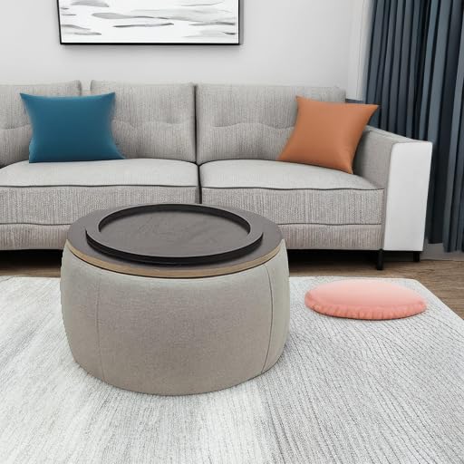 Modern Round Storage Ottoman with Wooden Lid - Handmade Circle Ottoman Coffee Table, End Table & Footstool for Living Room - Light Gray - Perfect for Small Space Living & Extra Seating