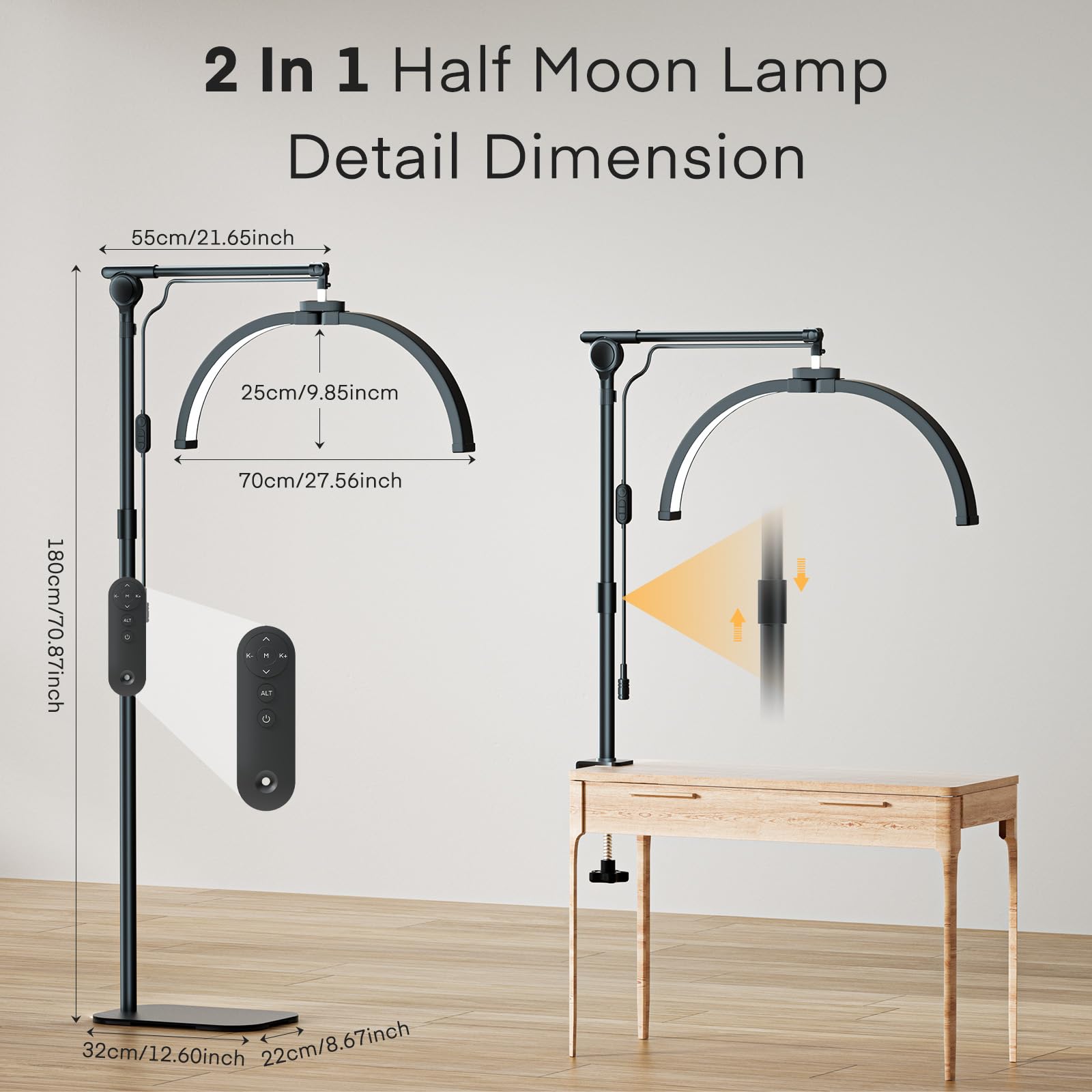 Professional 2-in-1 Foldable Half Moon Lash Light for Eyelash Extensions - Adjustable Esthetician Light with Phone Holder & Desk Clip - 3 Lighting Modes for Eyelash Tech, Skincare, Nail Art & Beauty Salon Use - Perfect for Home & Professional Beauty Services (Black)