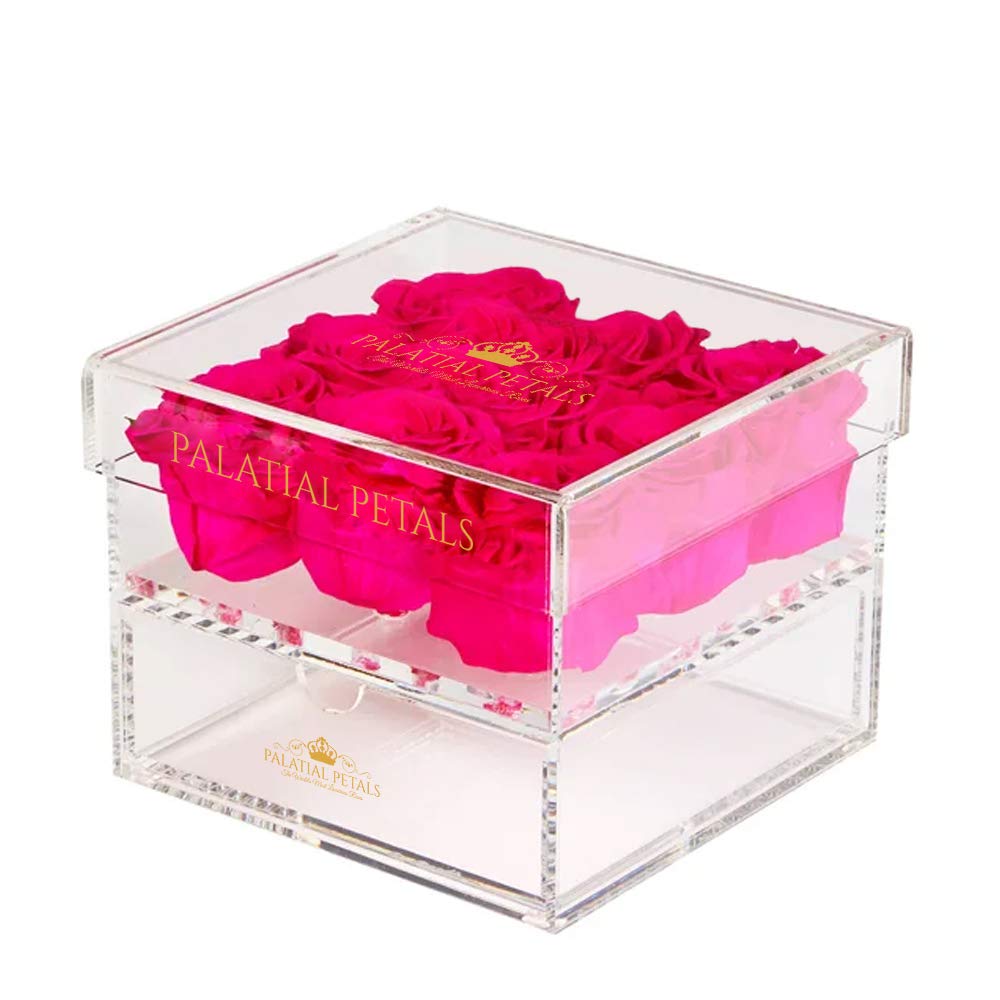 PALATIAL PETALS Real Preserved Roses That Last 1 Year - Luxury Acrylic Jewelry Box Organizer | Eternal Rose Gift Box for Valentine's Day, Anniversary & Home Decor (Hot Pink) - Perfect for Romantic Gifts, Wedding Favors & Bedroom Storage