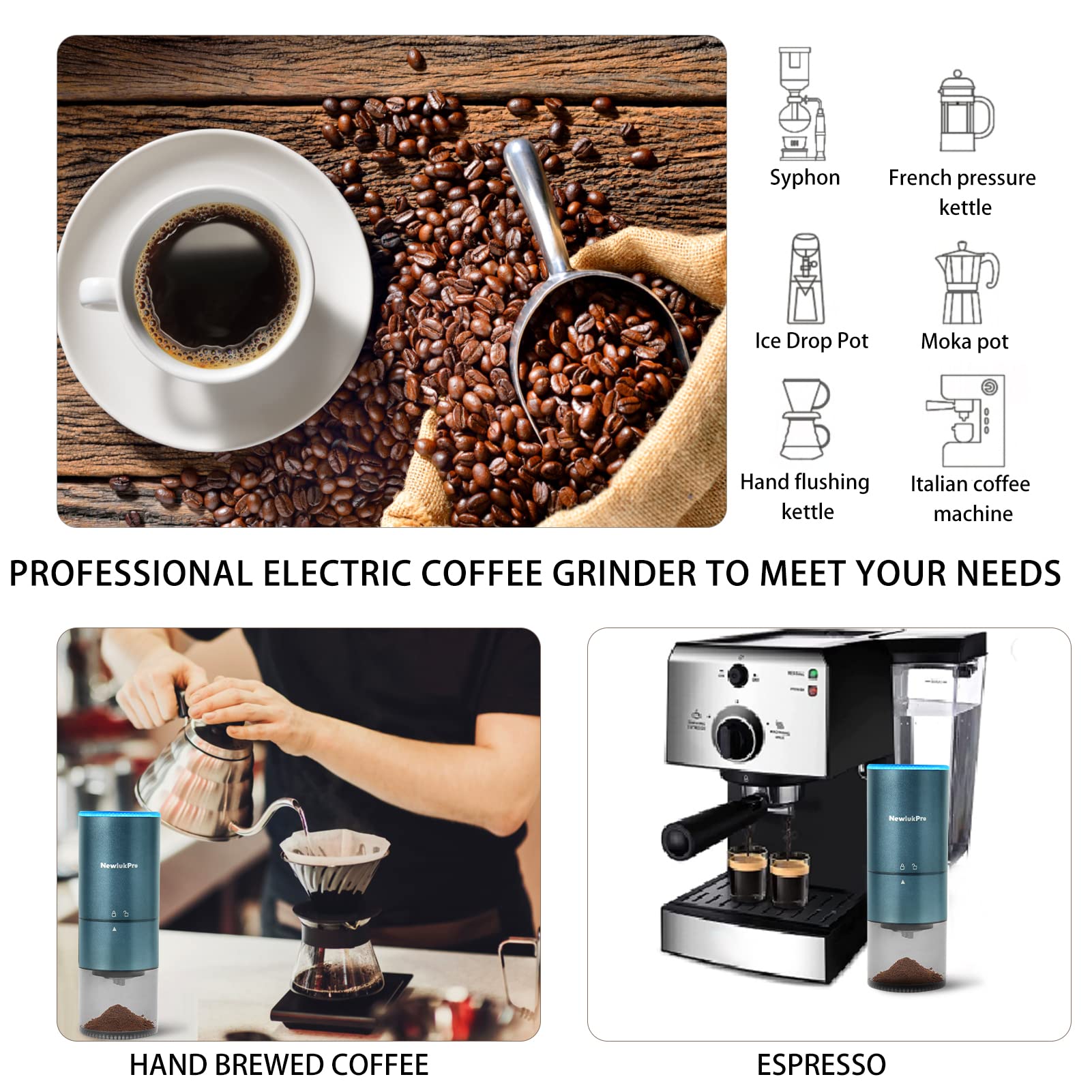 Premium Electric Conical Burr Coffee Grinder - Portable Stainless Steel Coffee Mill with Adjustable Grind Settings for Espresso, Drip & Pour Over - Perfect for Home Baristas & Coffee Enthusiasts - Ideal for Kitchen, Office & Camping Use