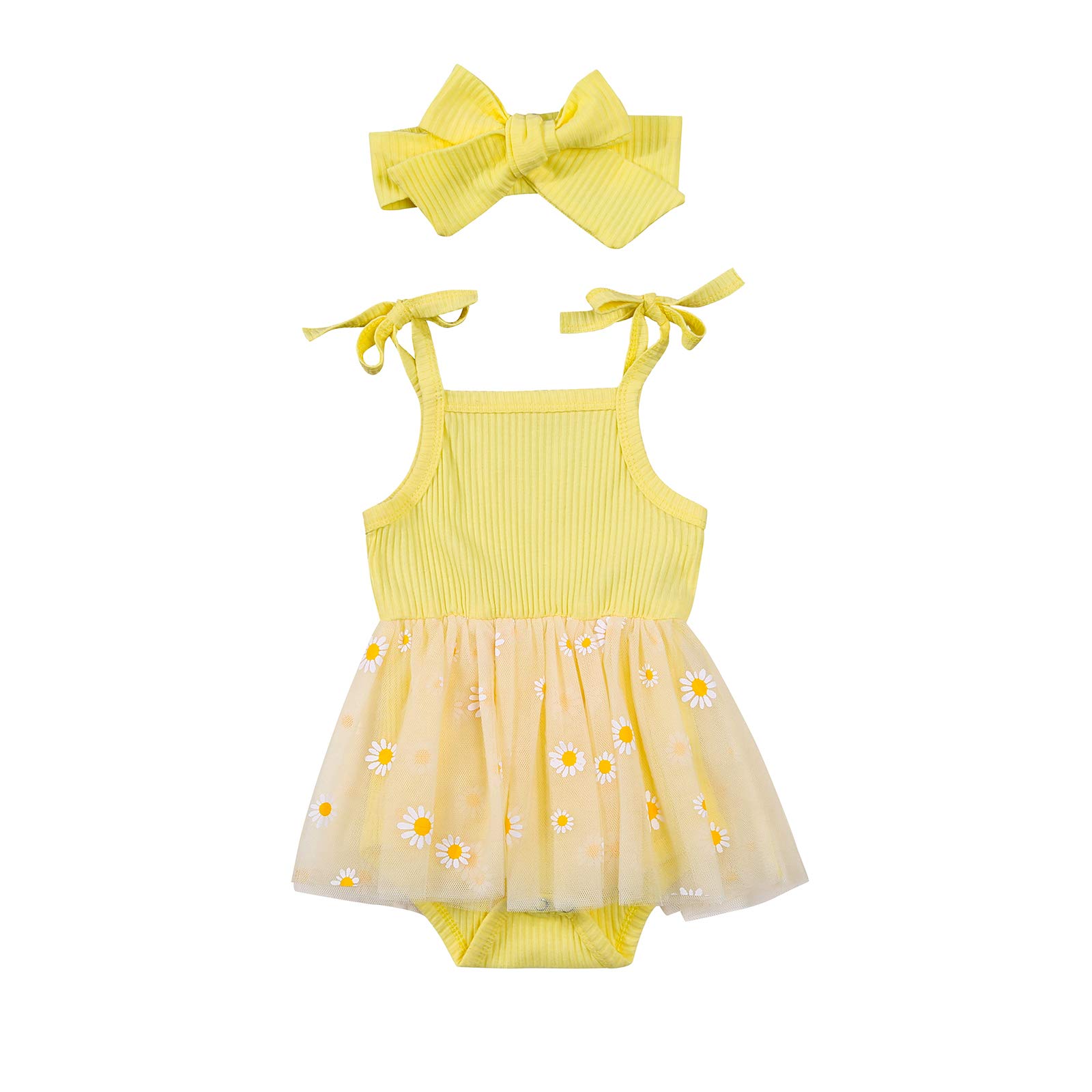 Newborn Baby Girl Daisy Print Romper with Tulle Tutu Dress & Headband - Cute Summer Sunsuit Outfit for Photoshoots, Parties & Special Occasions